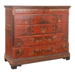 Antique 19th Century Original Red-Painted Danish Pine Chest of Five Drawers