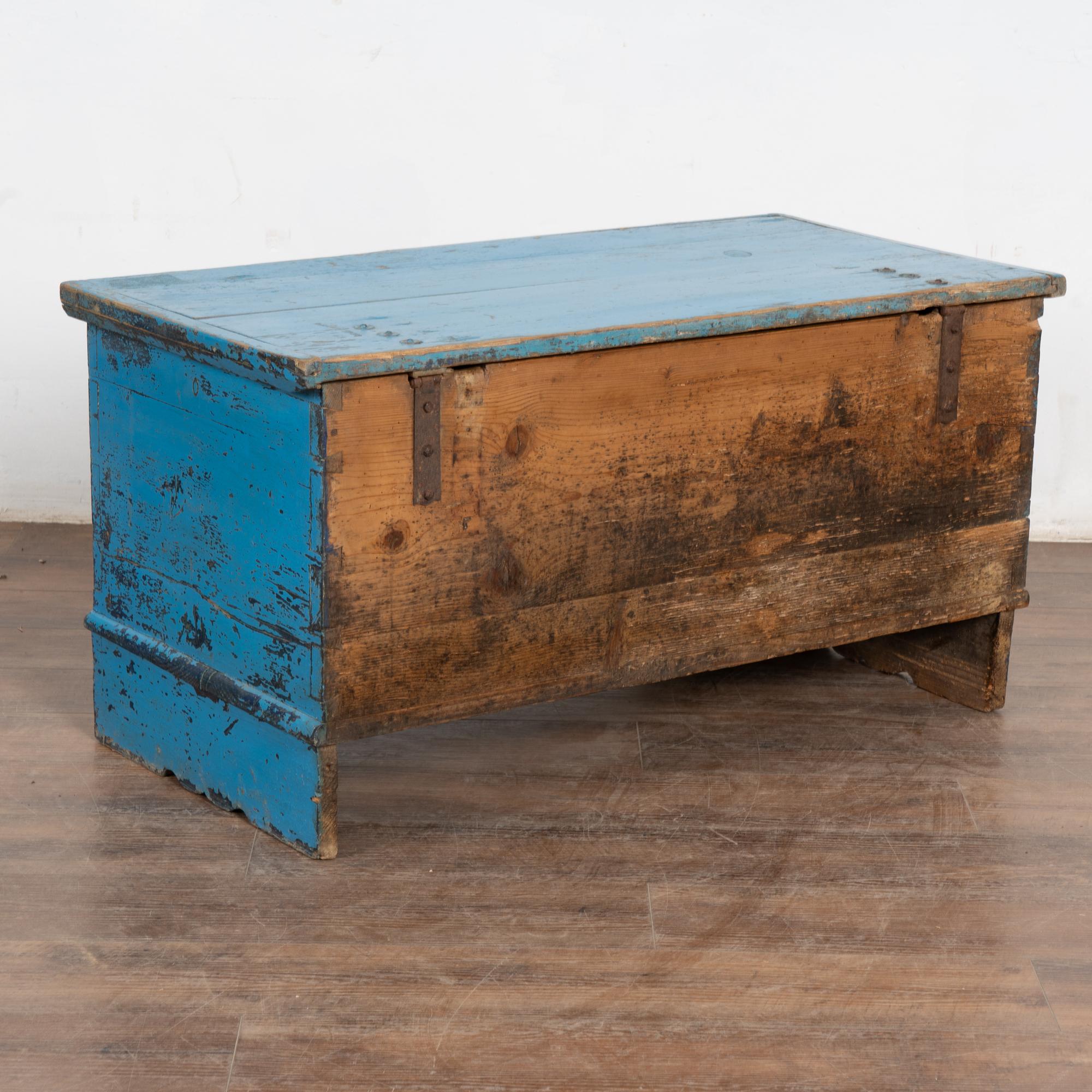19th Century Original Rustic Blue Flat Top Pine Trunk, Hungary 7