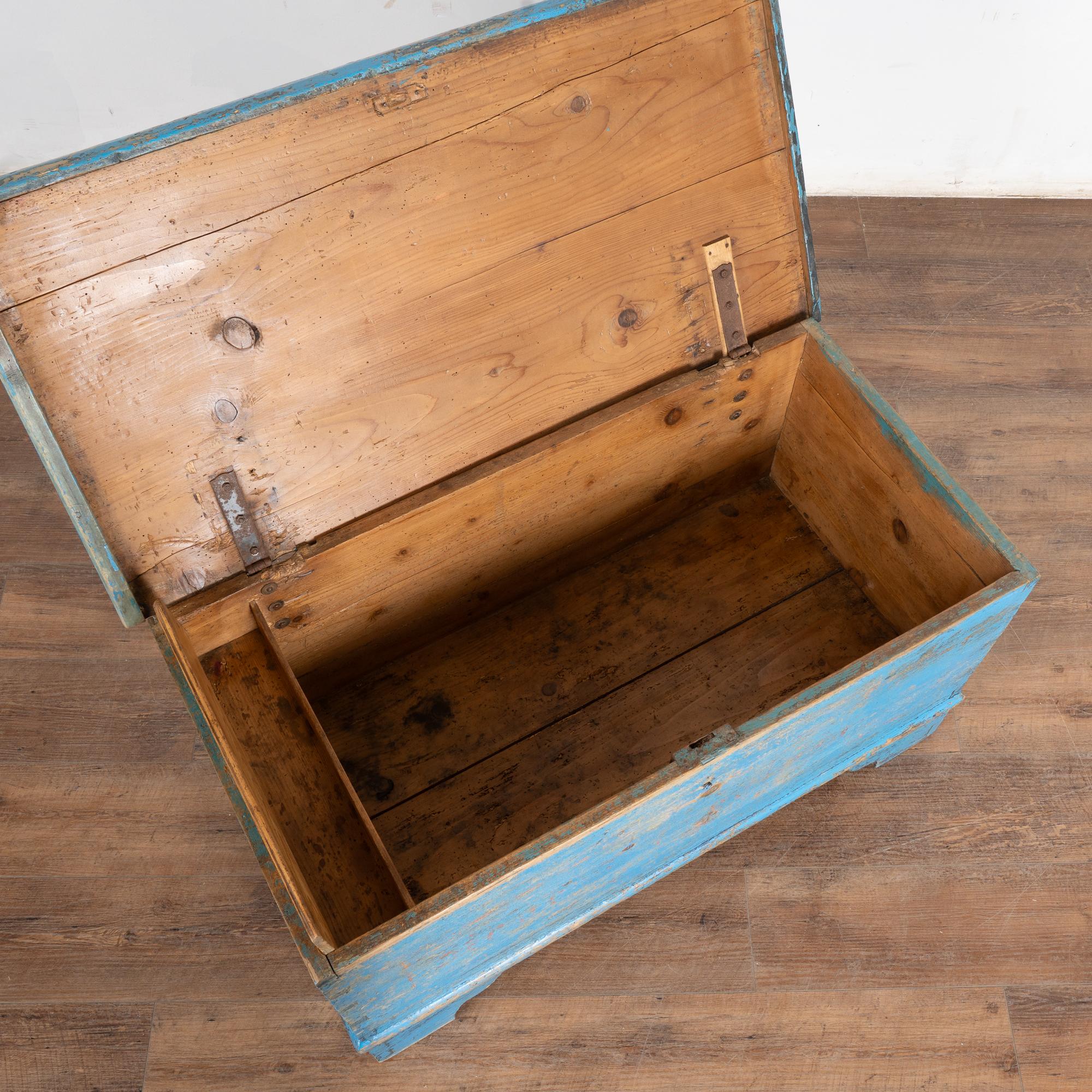 19th Century Original Rustic Blue Flat Top Pine Trunk, Hungary In Fair Condition In Round Top, TX