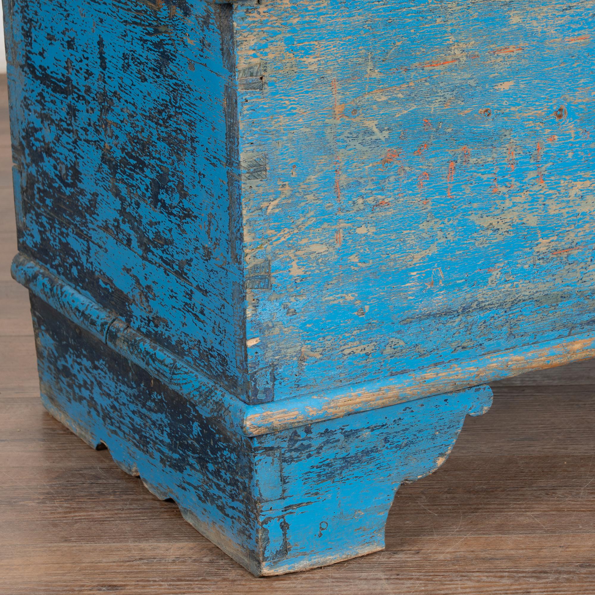 19th Century Original Rustic Blue Flat Top Pine Trunk, Hungary 5