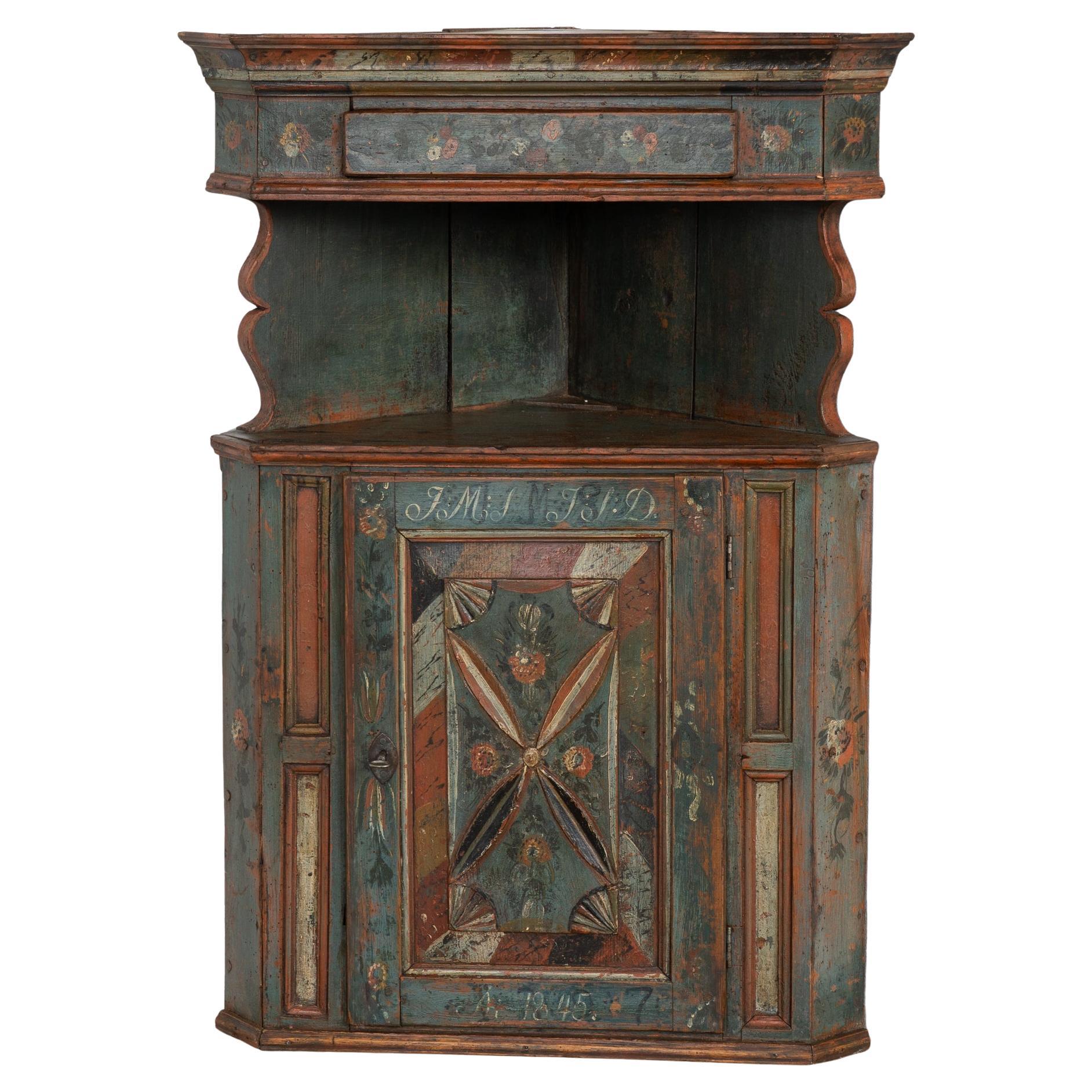 19th Century Original Swedish Blue Painted Corner Cabinet