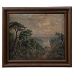 19th Century Original Swedish Oil on Canvas Landscape with Forest and Lake