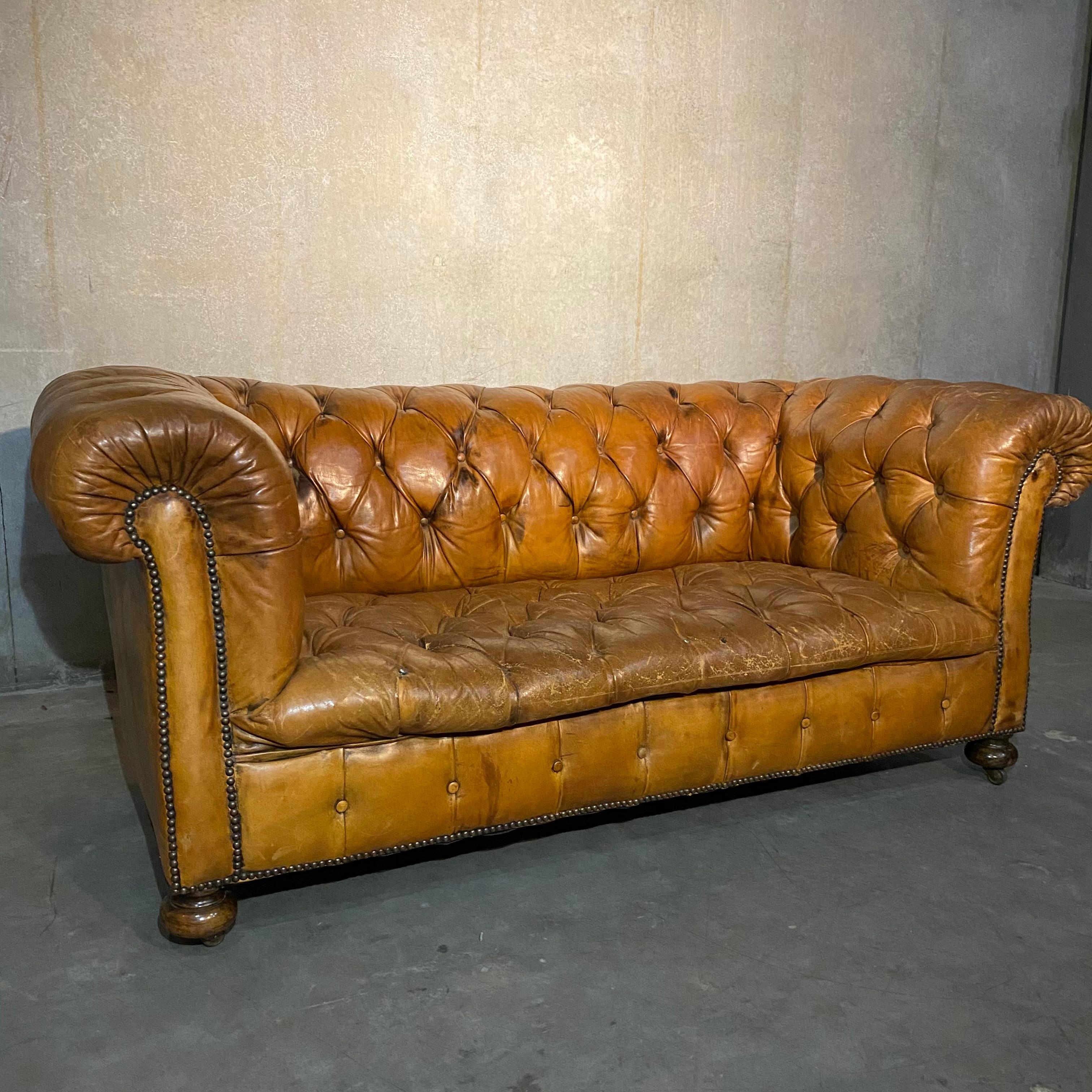 Early 20th Century 19th Century Original Tufted English Leather Sofa