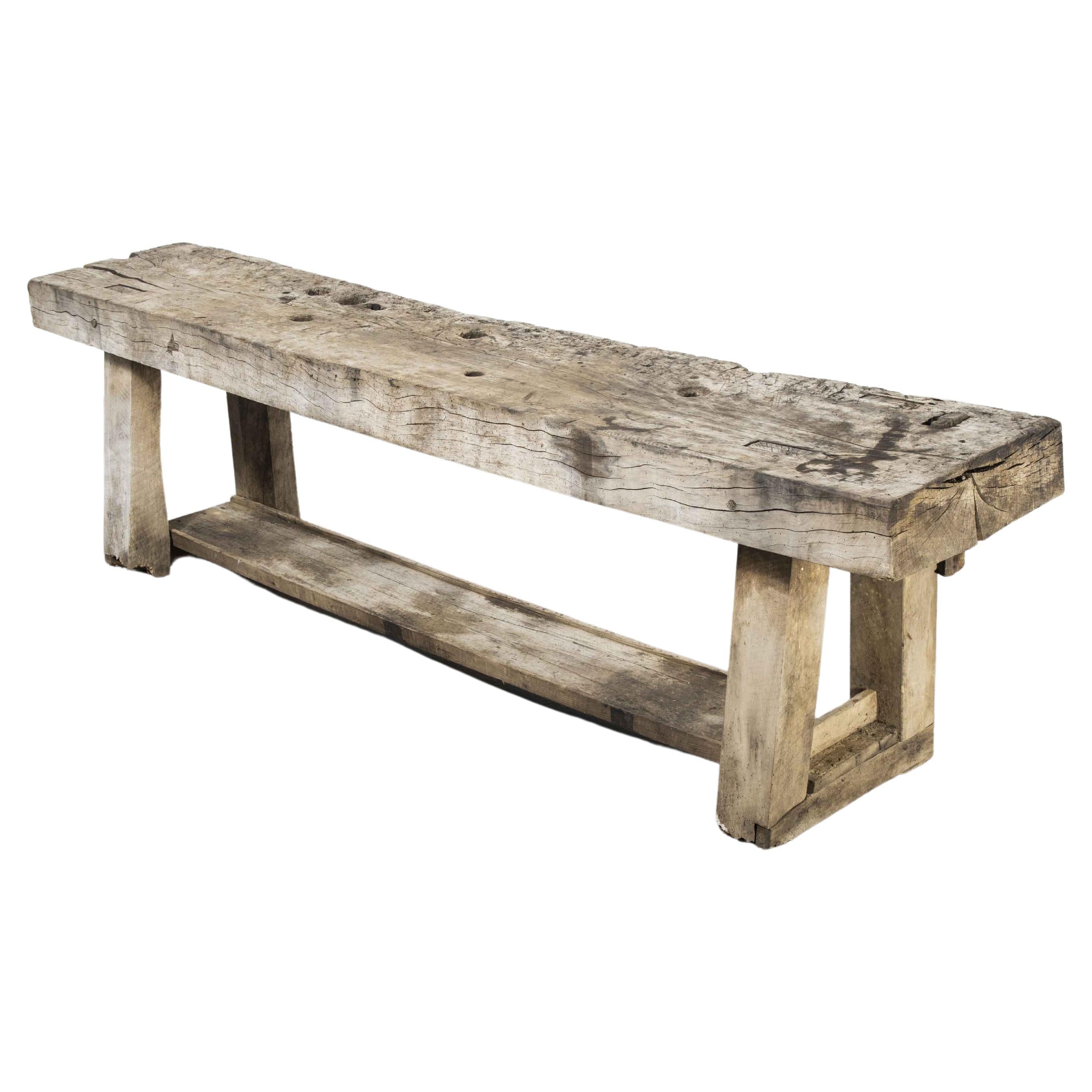 19th Century Original Weathered Oak French Low Work Bench For Sale