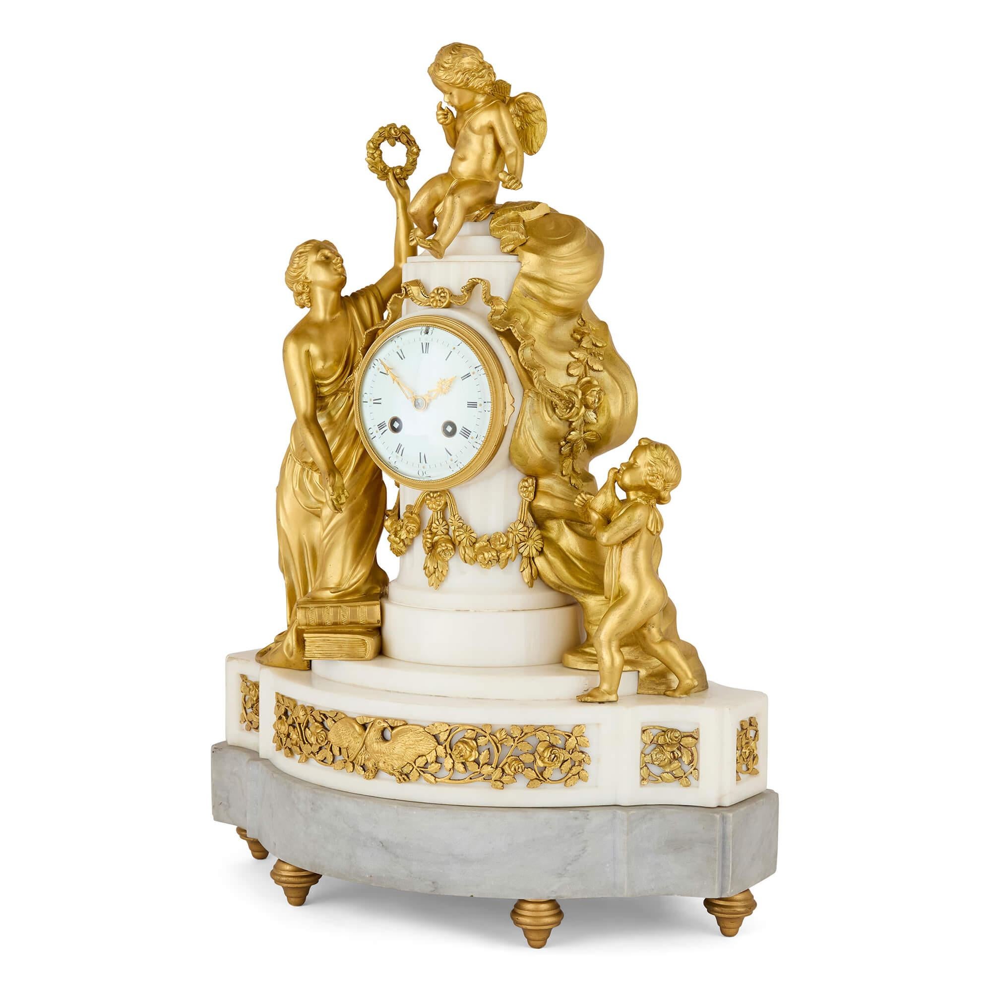 Late 19th century ormolu and white marble mantel clock by Linke
French, Late 19th Century 
Height 56cm, width 39cm, depth 25cm

This impressive mantel clock commands attention with its grand size and exquisite craftsmanship. It was crafted in the