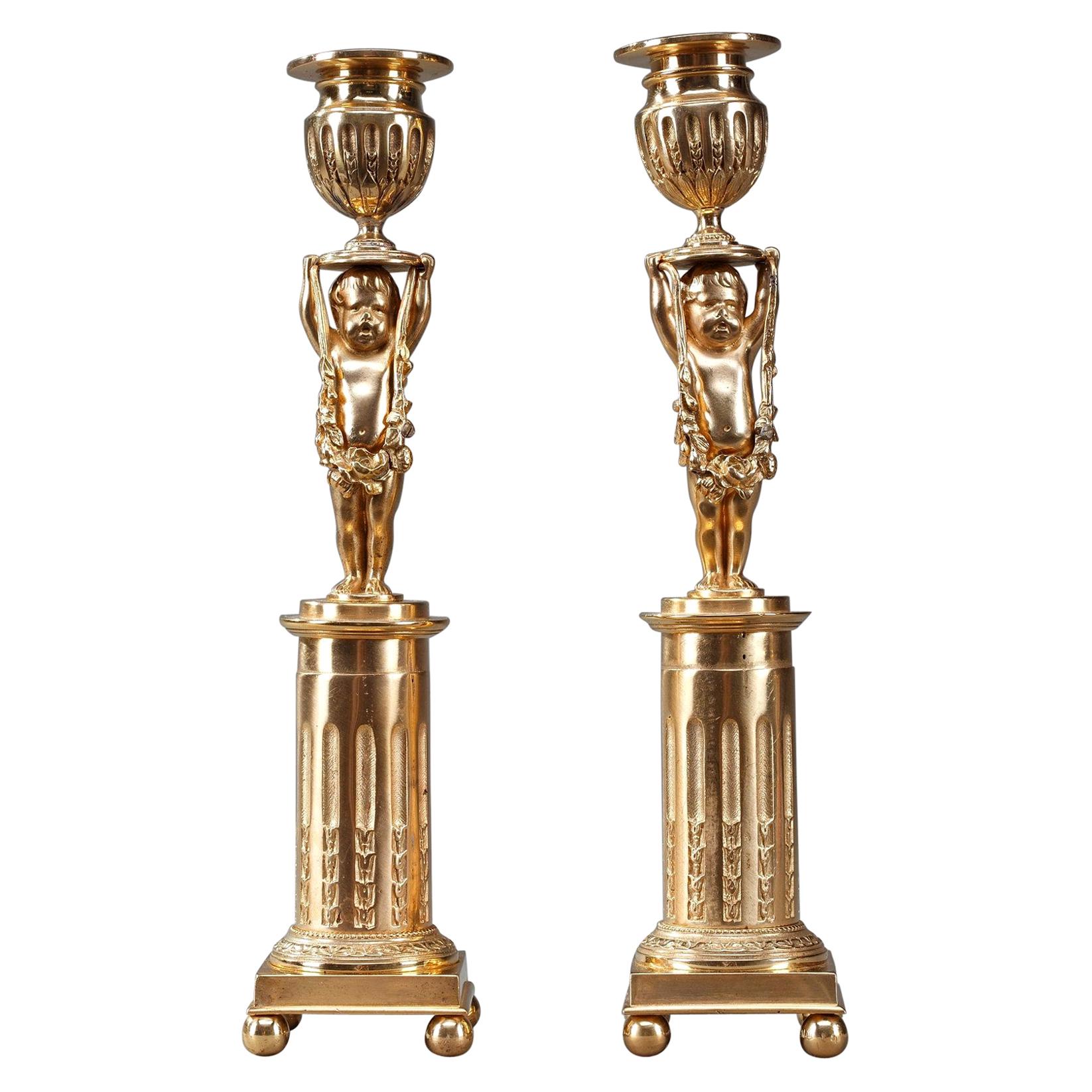 19th Century Ormolu Bronze Antique Candlestick Holders with Putti For Sale