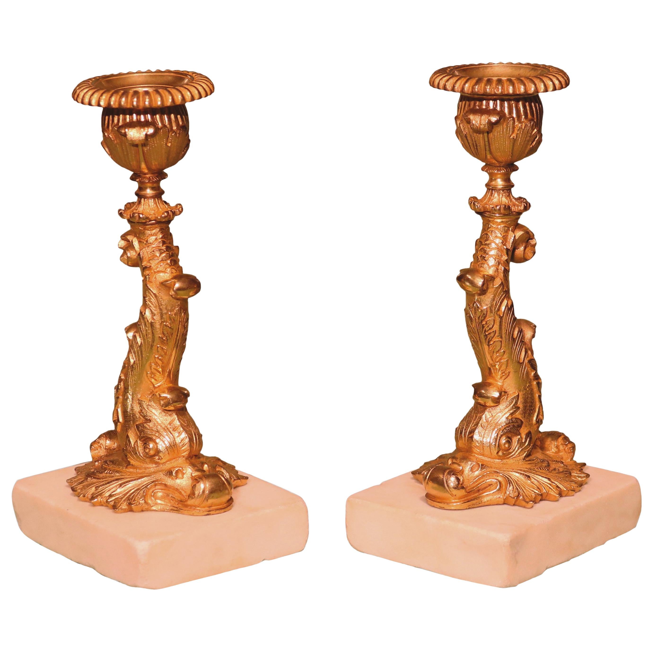 19th Century Ormolu Dolphin Stem Candlesticks