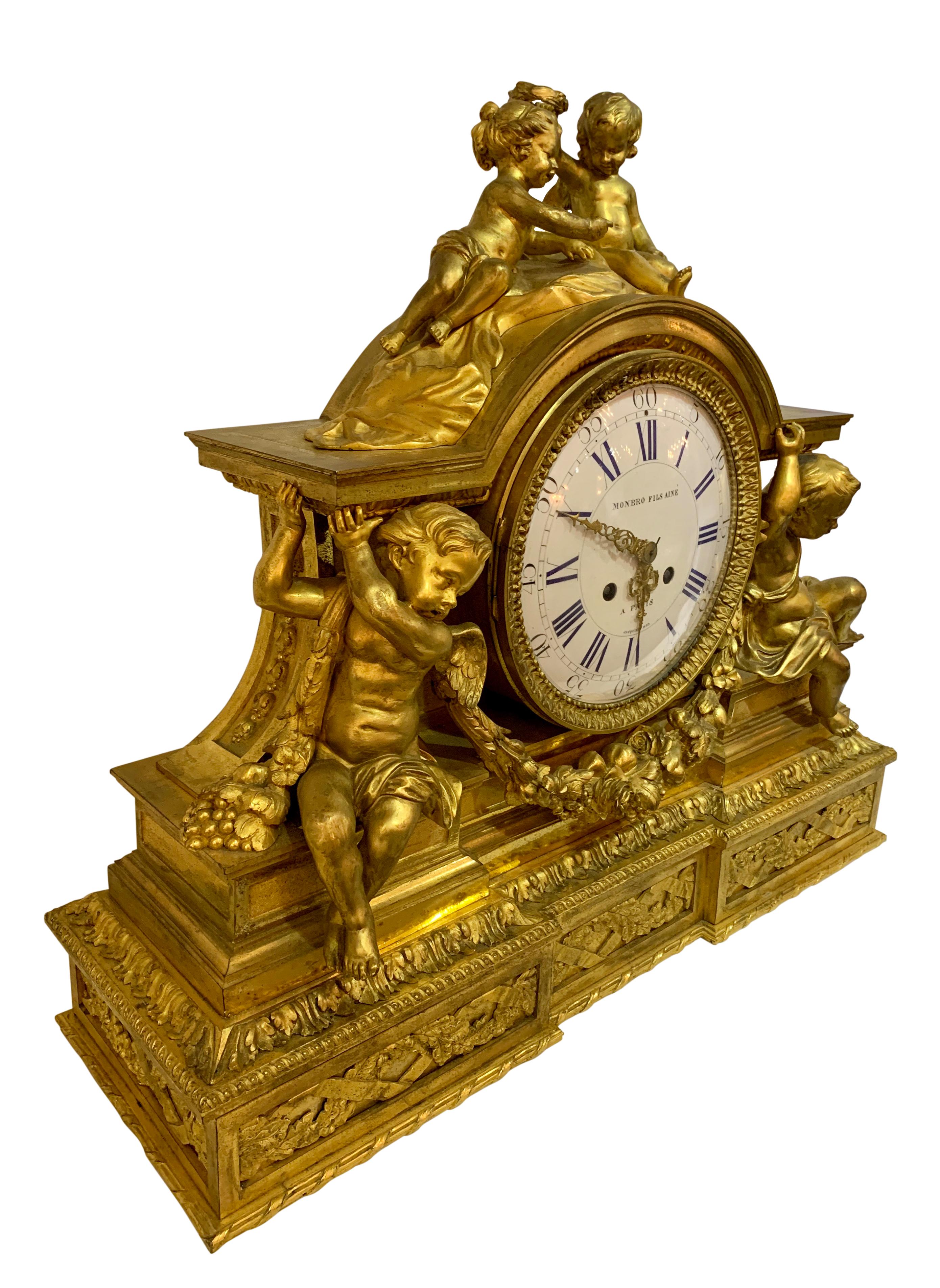 Napoleon III 19th Century Ormolu Figural Clock by Monbro Aine, Jacquier & Henri Picard For Sale
