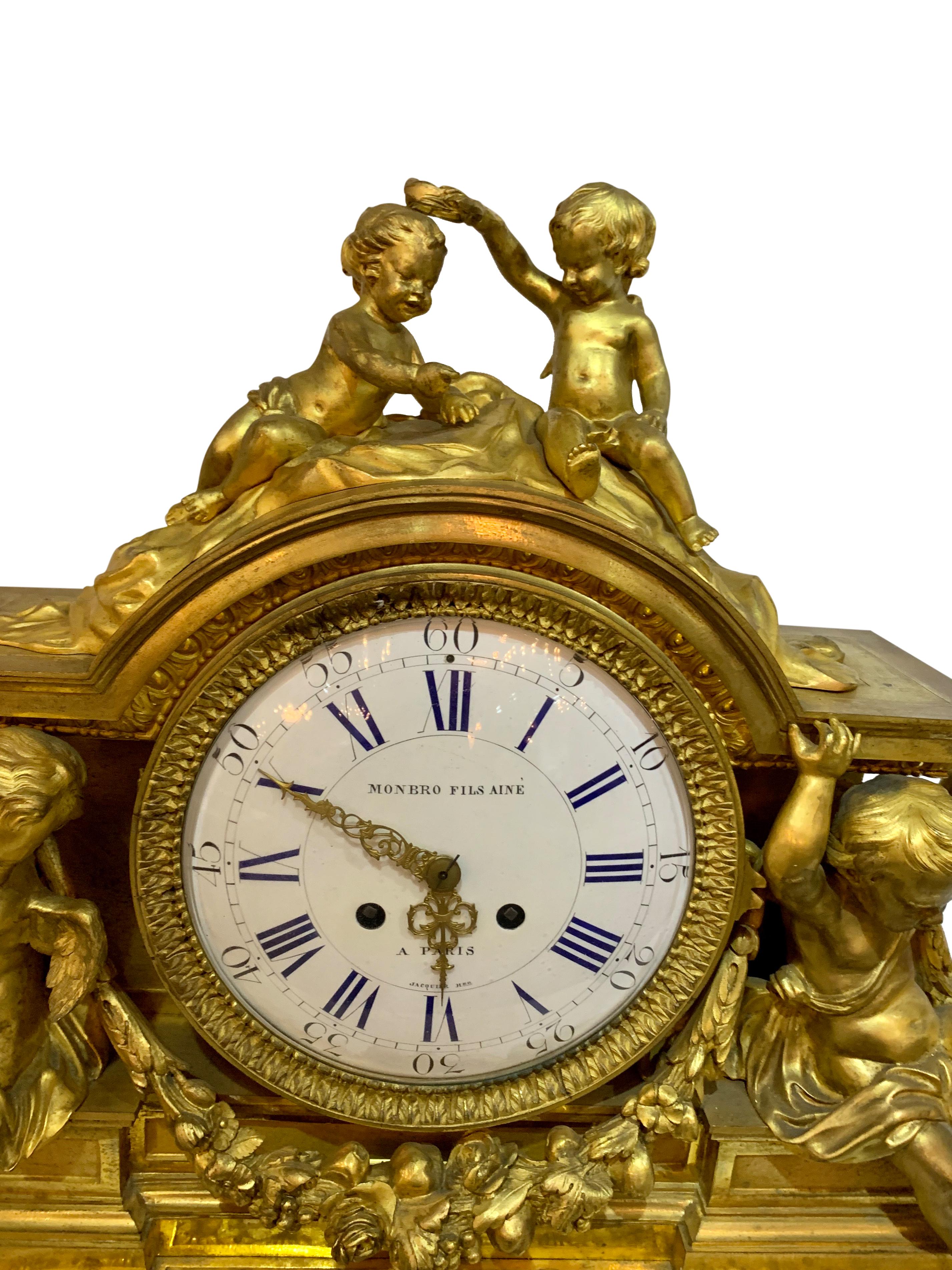 Mid-19th Century 19th Century Ormolu Figural Clock by Monbro Aine, Jacquier & Henri Picard For Sale