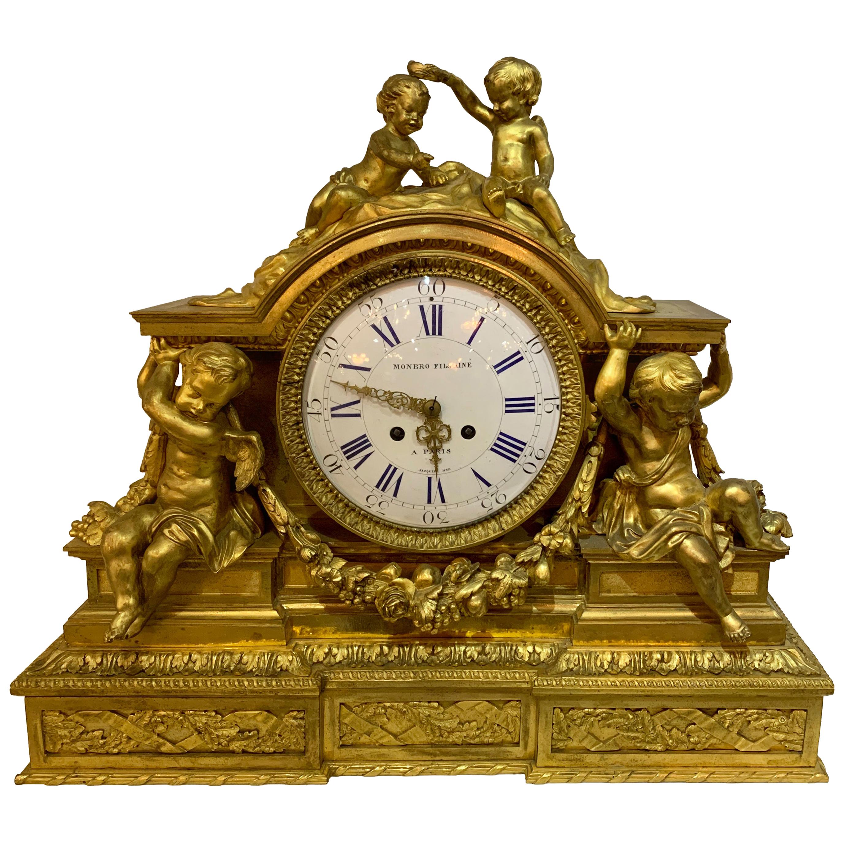 19th Century Ormolu Figural Clock by Monbro Aine, Jacquier & Henri Picard