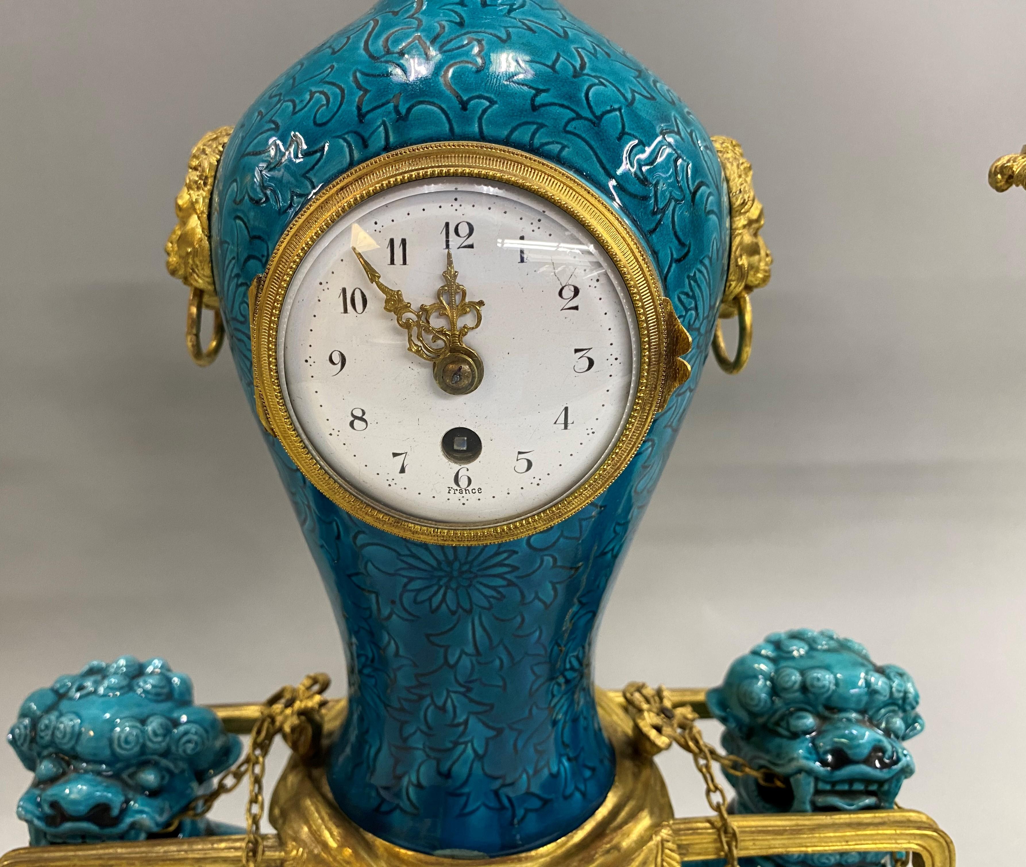 Gilt 19th Century Ormolu French Three-Piece Clock Set in the Chinese Taste