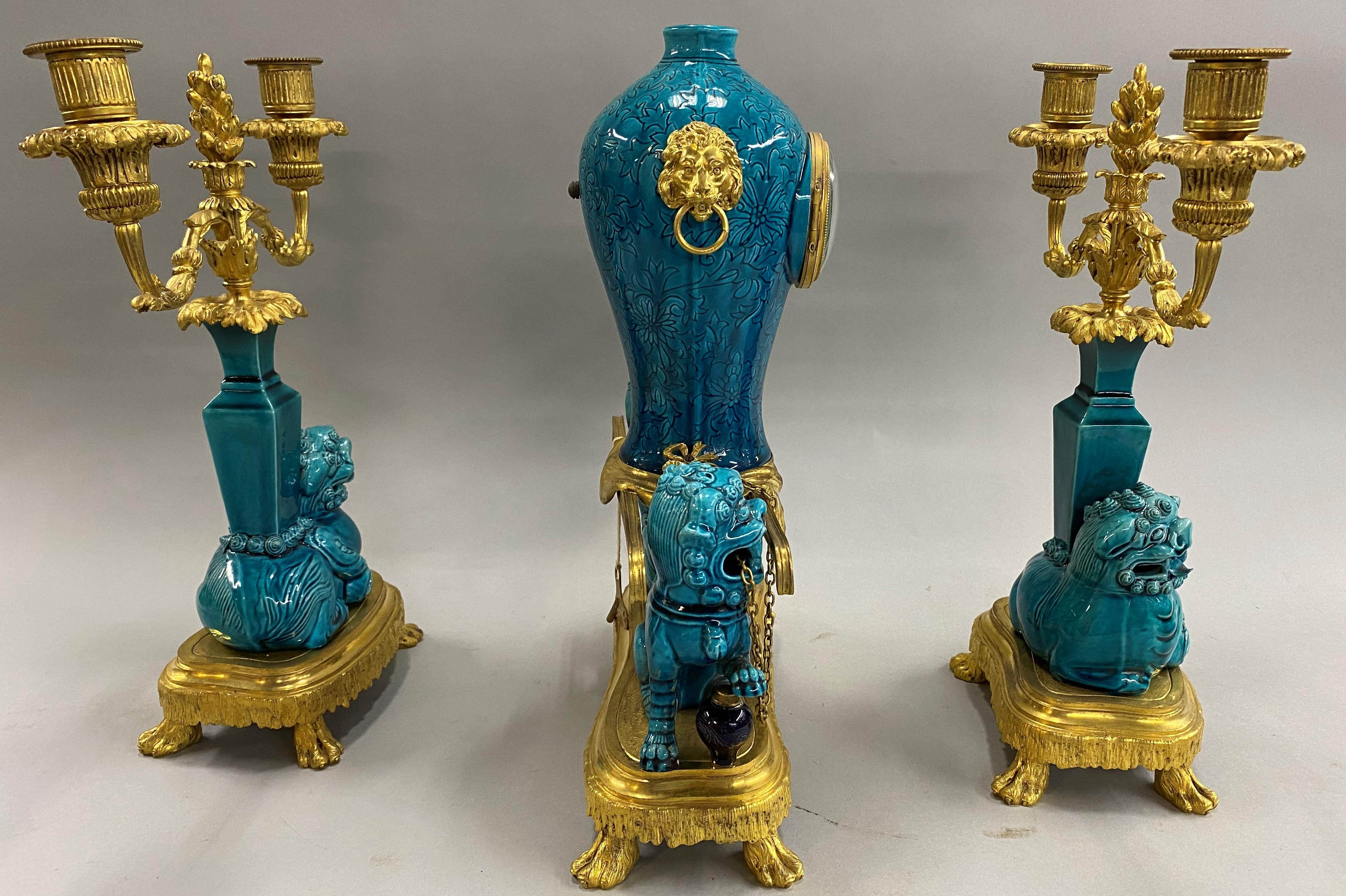 19th Century Ormolu French Three-Piece Clock Set in the Chinese Taste In Good Condition In Milford, NH