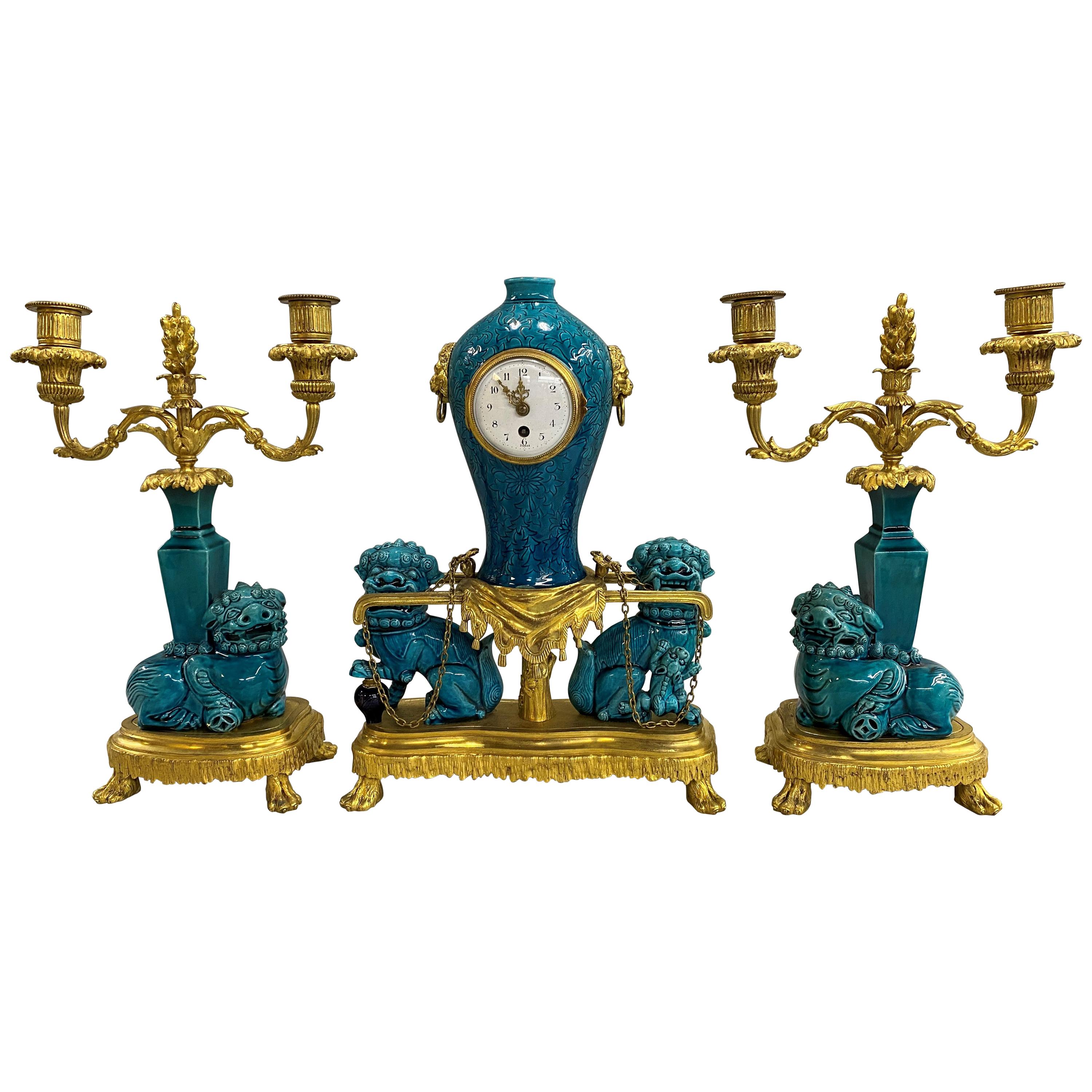 19th Century Ormolu French Three-Piece Clock Set in the Chinese Taste