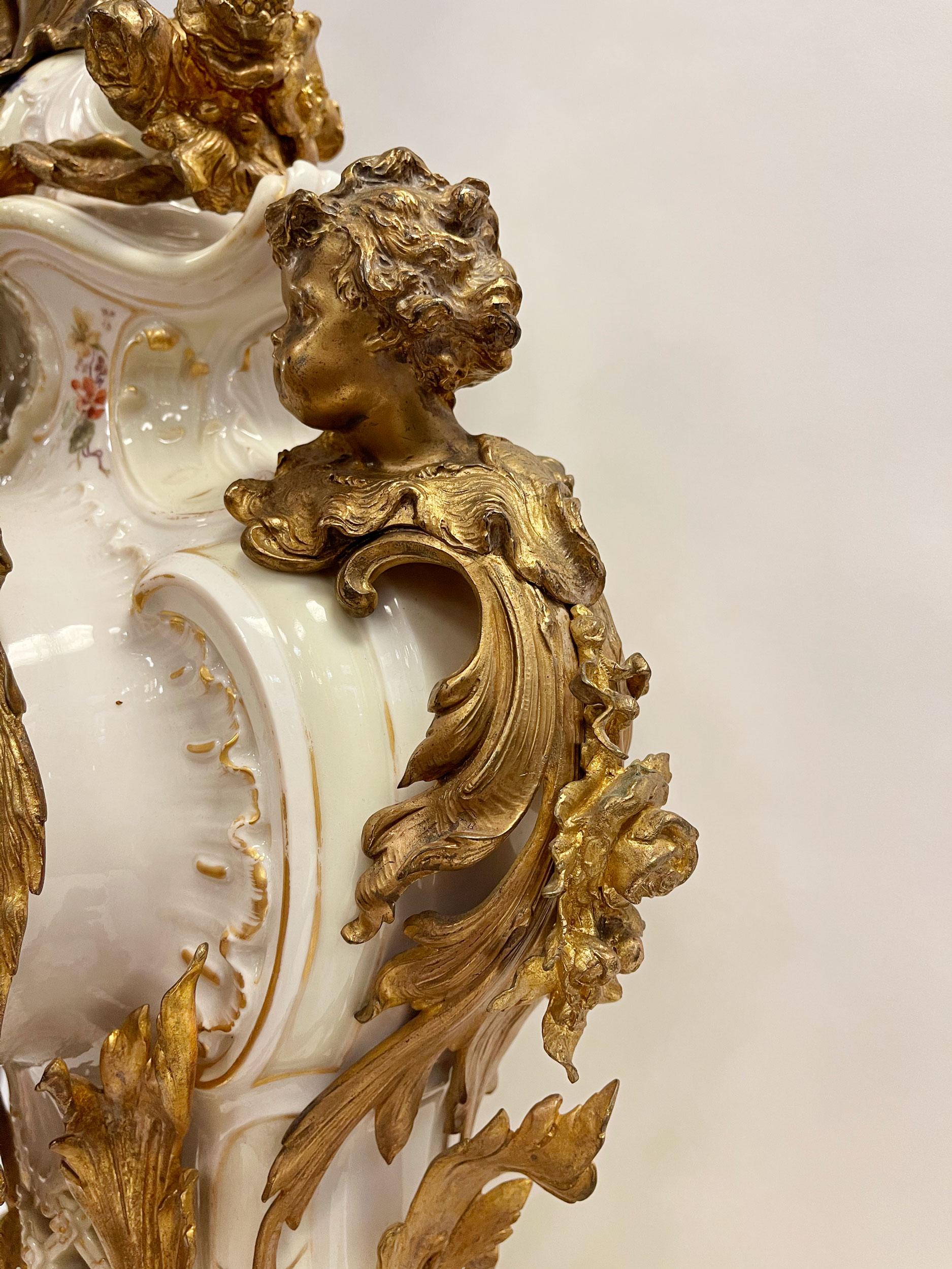 Rococo 19th Century Ormolu Mounted Berlin Kpm Porcelain Clock Set For Sale