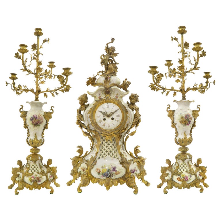 19th Century Ormolu Mounted Berlin Kpm Porcelain Clock Set For Sale