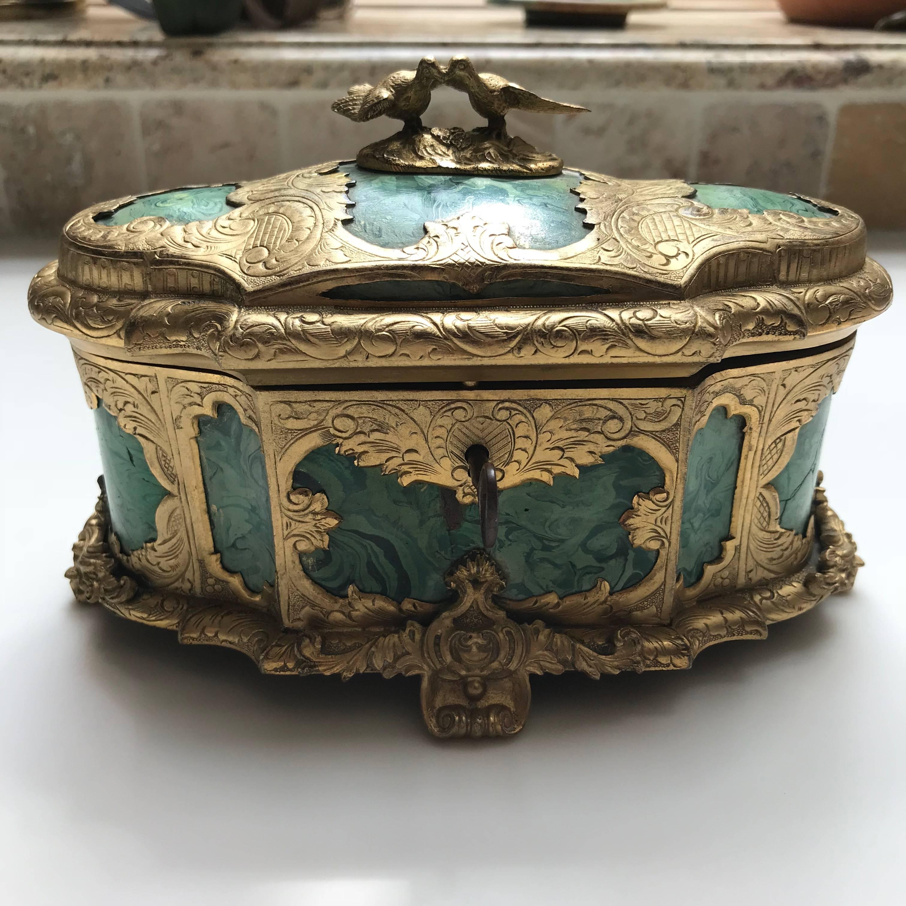 19th Century Ormolu-Mounted Faux Malachite Casket In Excellent Condition In Washington Crossing, PA