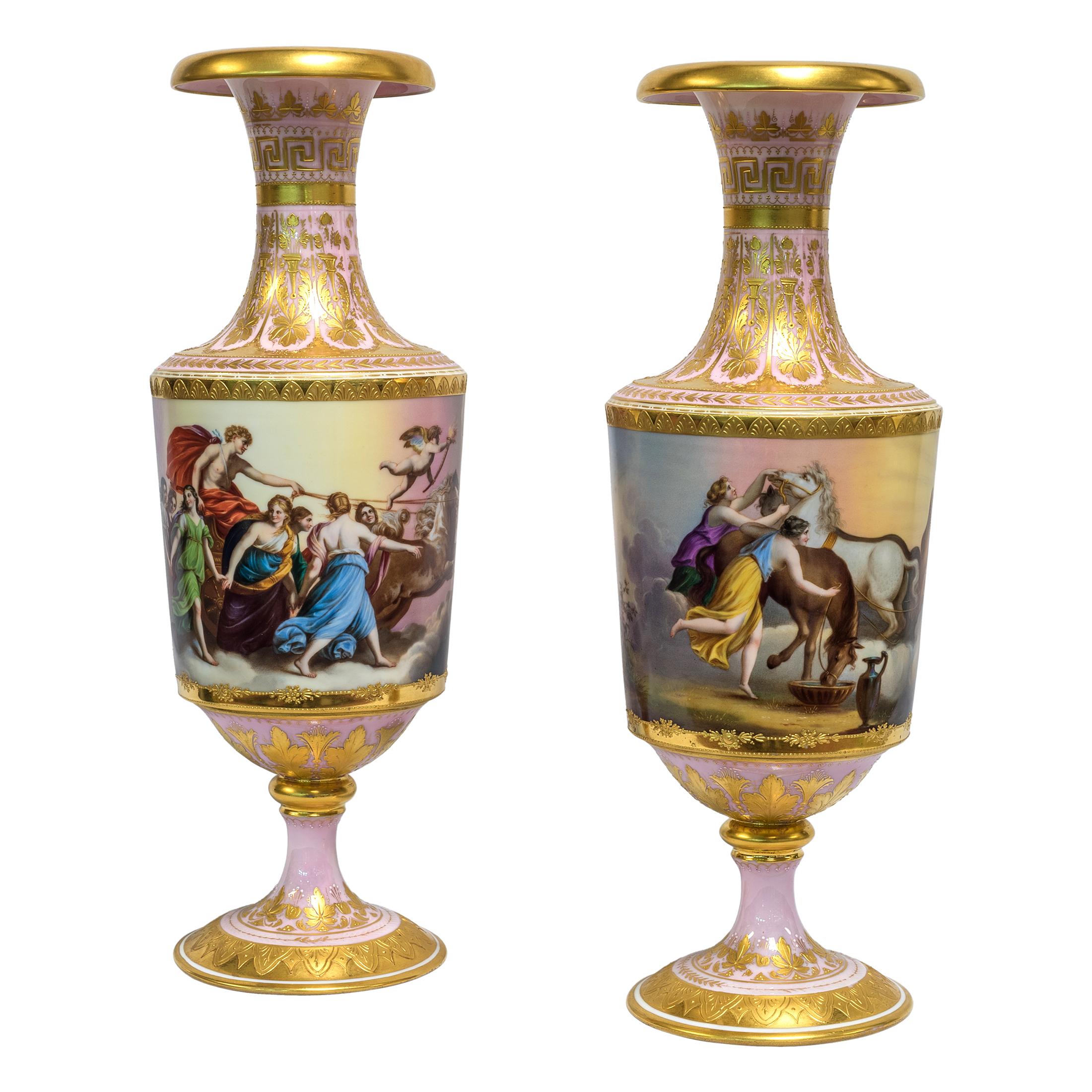Pair of exceptional Austrian Royal Vienna ormolu-mounted porcelain vase. The center with finely painted allegorical scenes, signed ‘Aurora’, the underside of base with impressed bee hive mark.

Date: circa 1890
Origin: Austrian
Dimension: 16 5/8