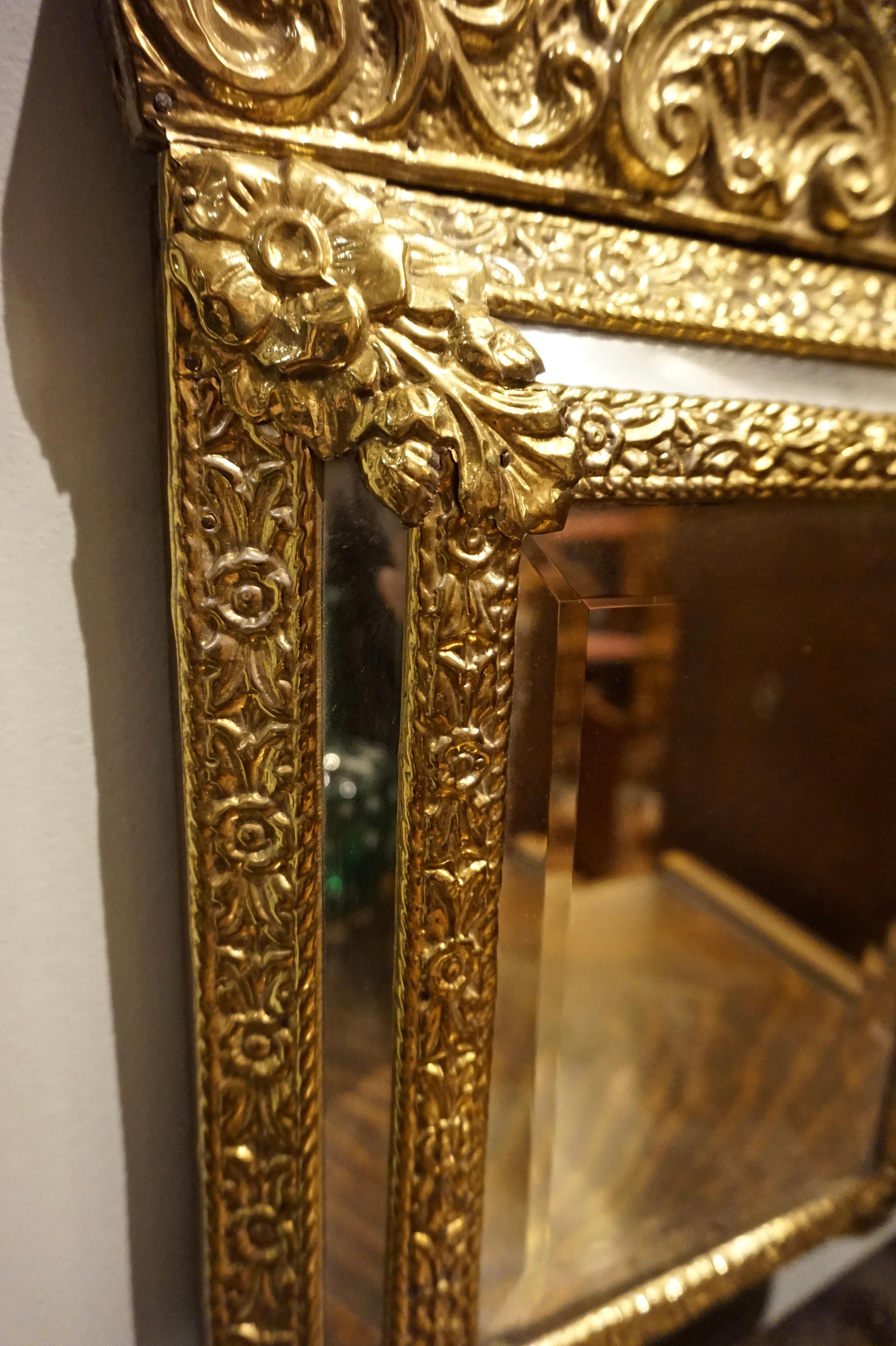 Hand-Crafted 19th Century Ornate Brass Repousse Napoléon III Mirror France For Sale