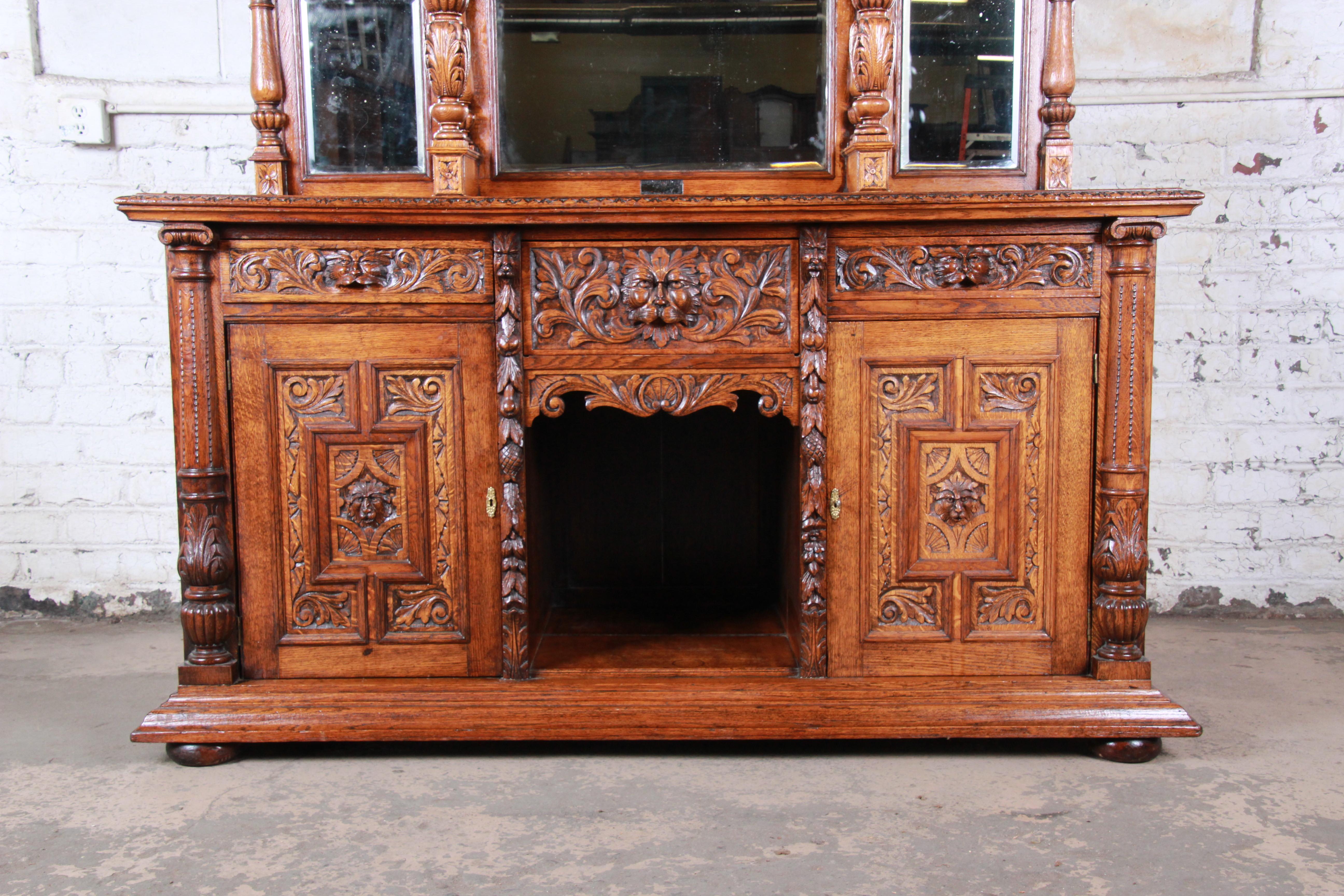 Renaissance Revival 19th Century Ornate Carved Oak Back Bar or Sideboard Cabinet