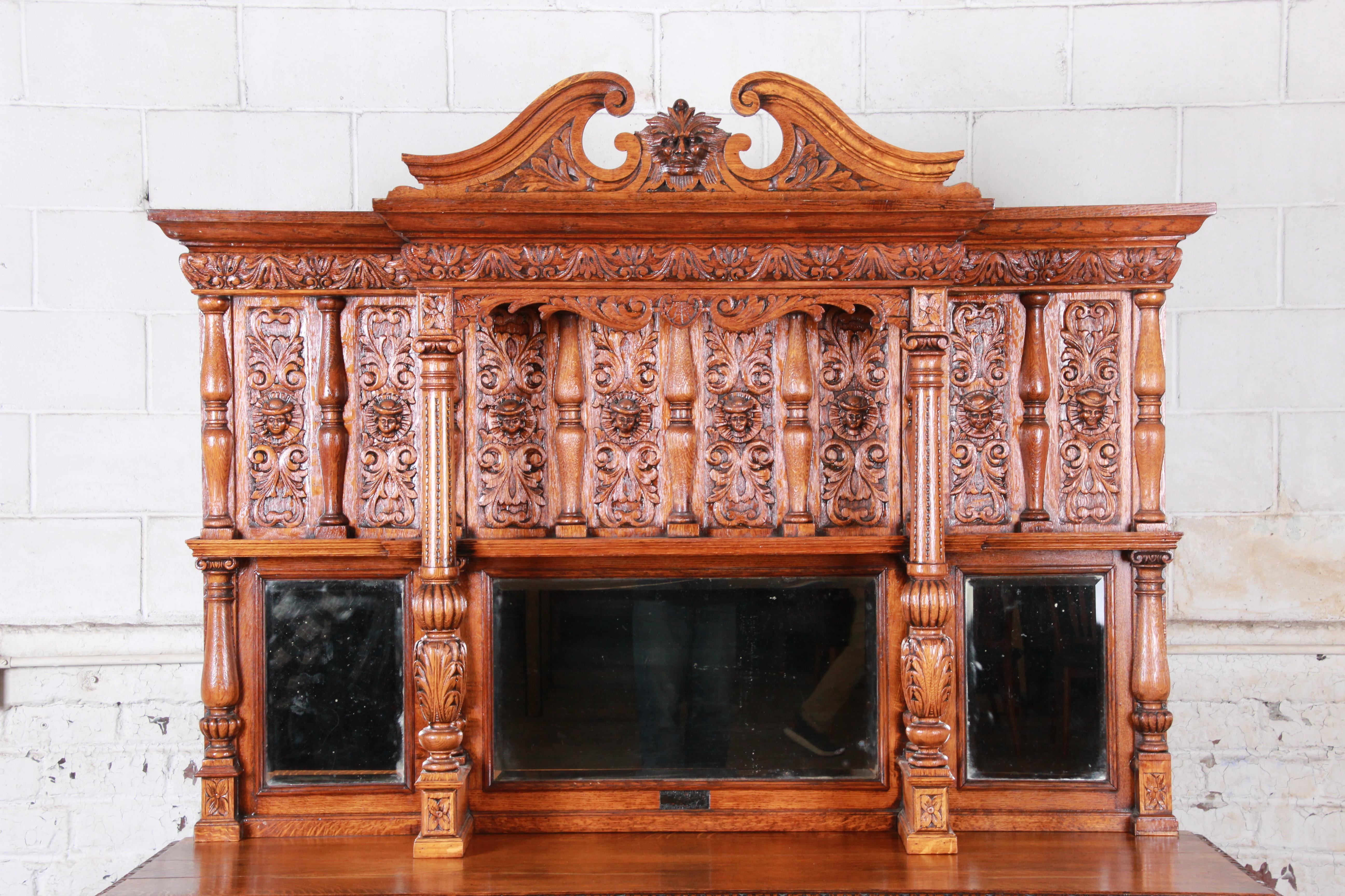 19th Century Ornate Carved Oak Back Bar or Sideboard Cabinet In Good Condition In South Bend, IN