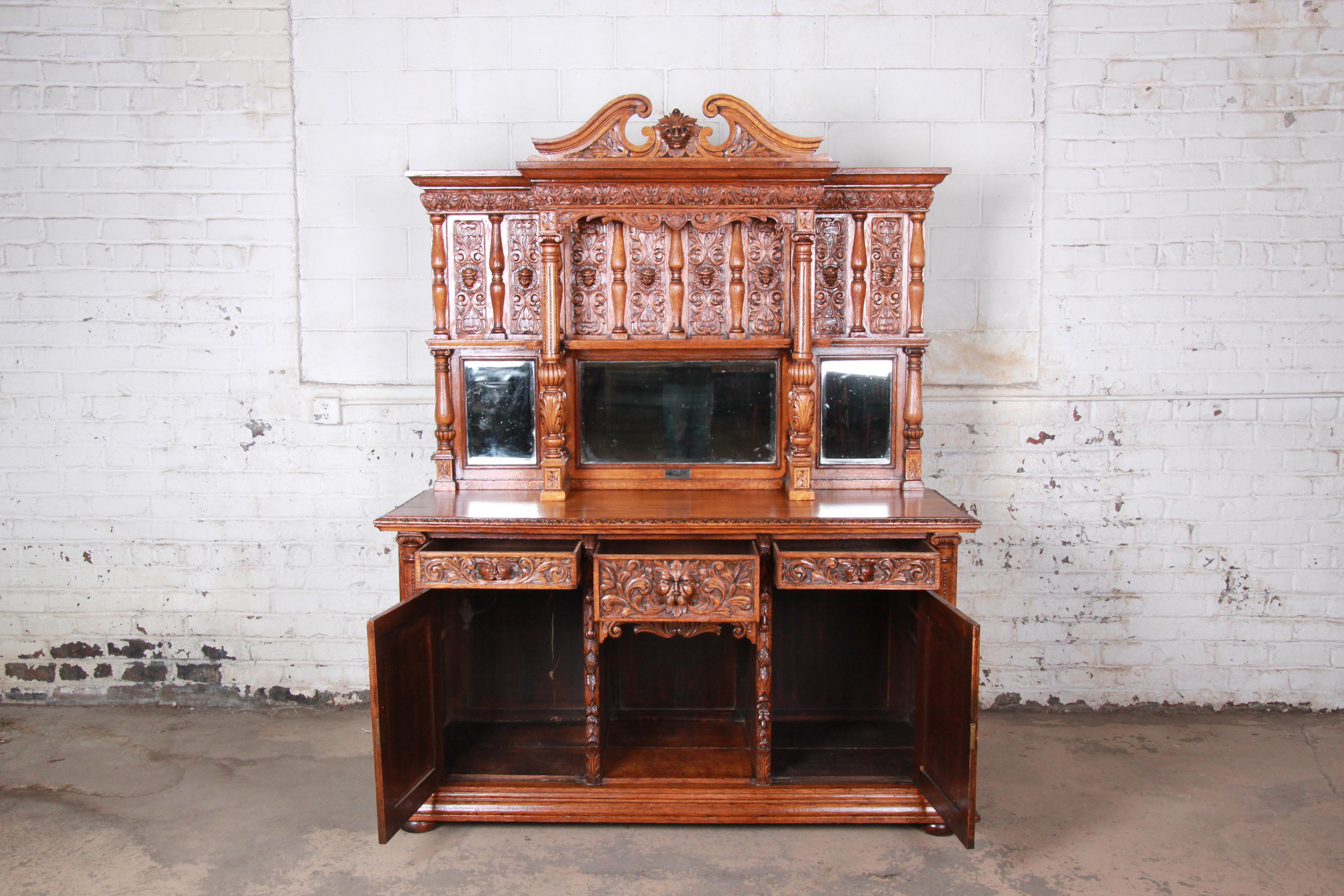 Mirror 19th Century Ornate Carved Oak Back Bar or Sideboard Cabinet