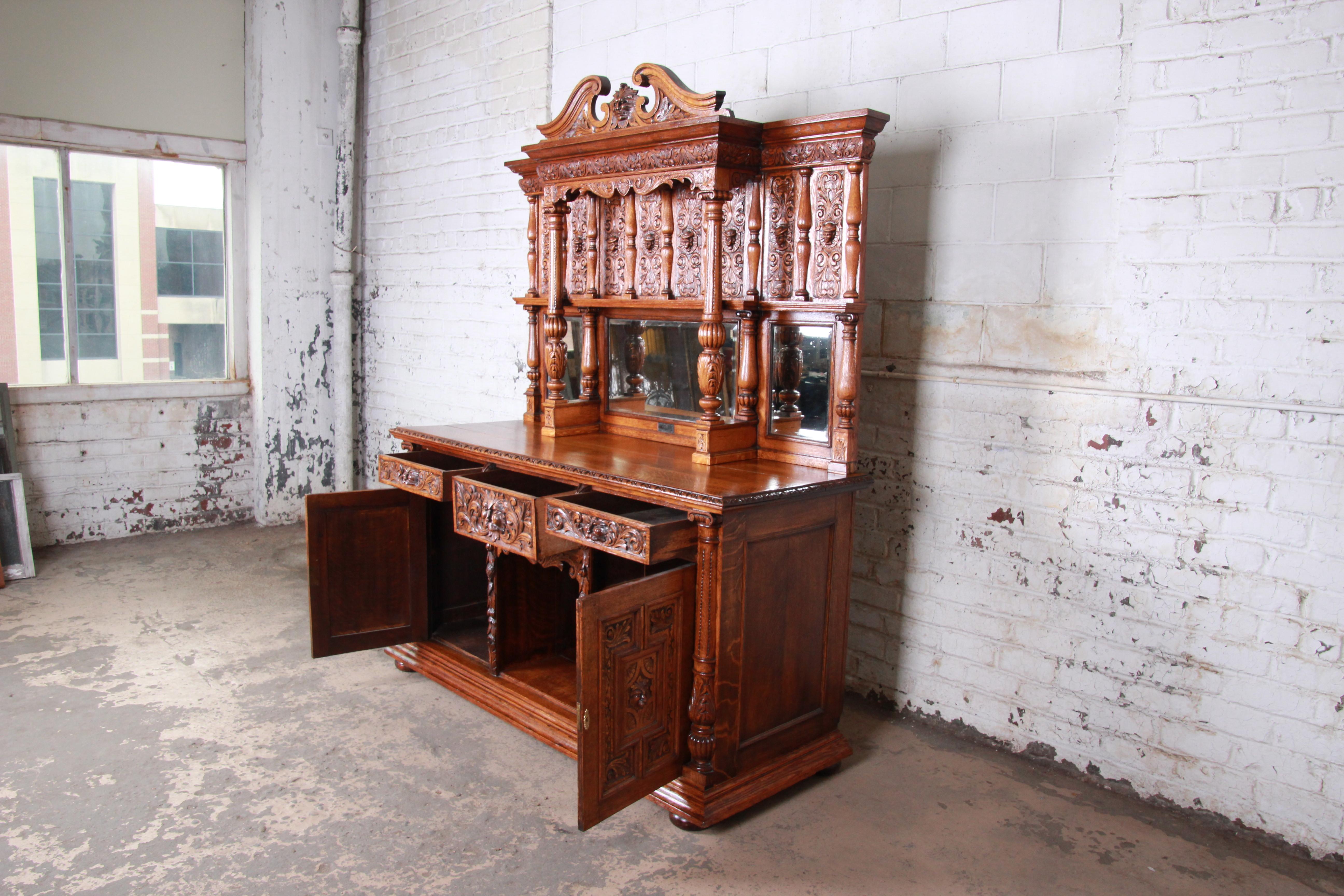 19th Century Ornate Carved Oak Back Bar or Sideboard Cabinet 1