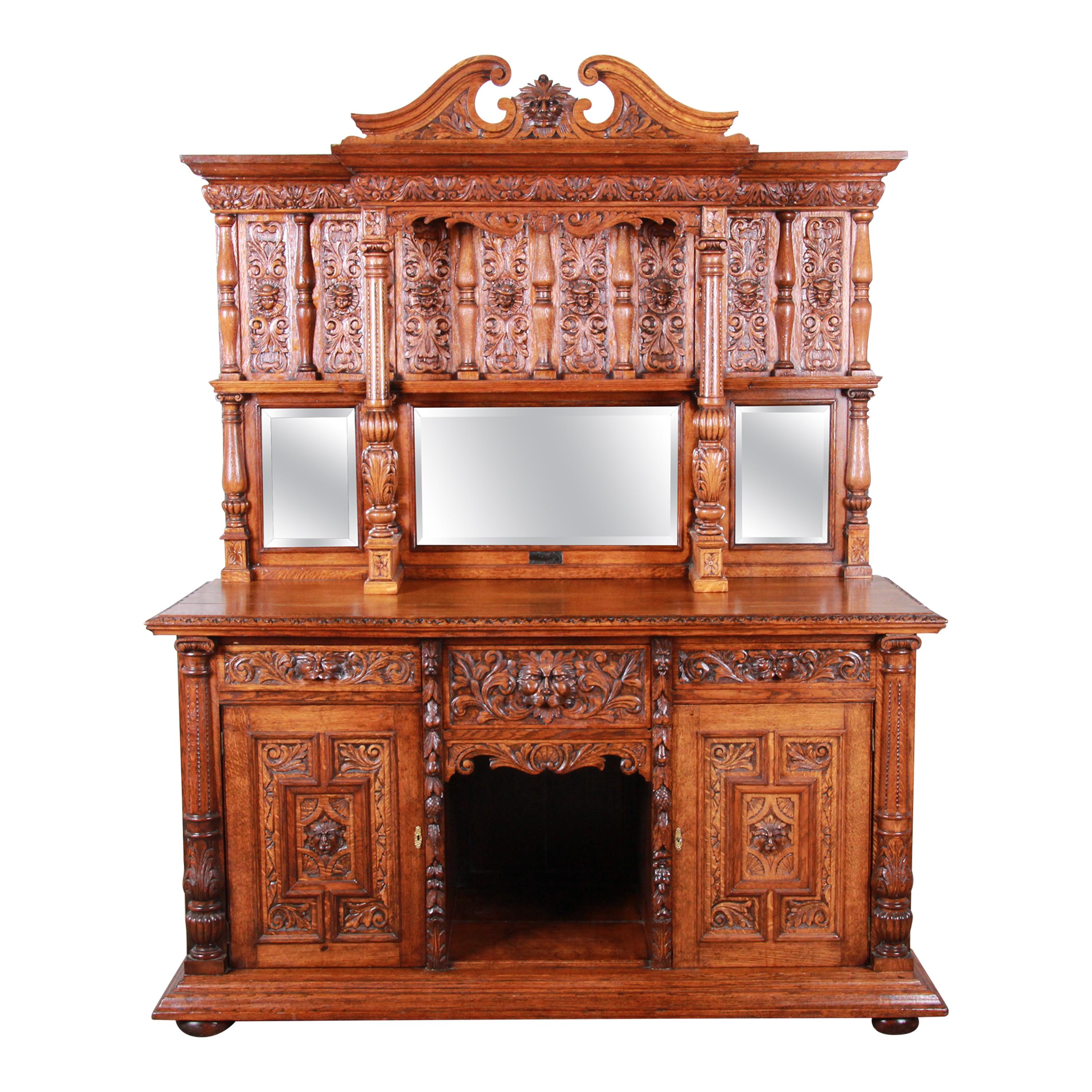 19th Century Ornate Carved Oak Back Bar or Sideboard Cabinet