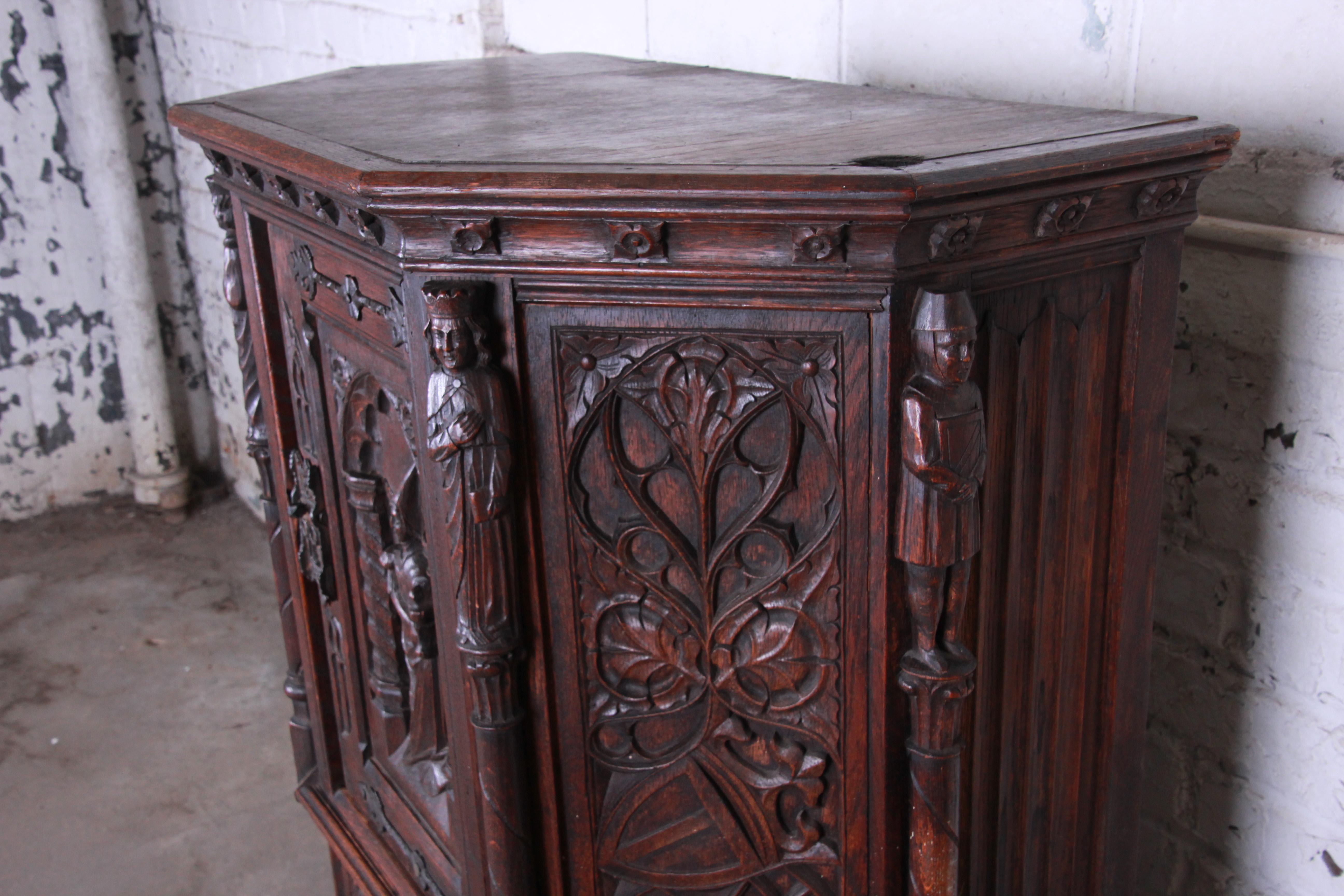 19th Century Ornate Carved Oak Belgian Gothic Bar Cabinet 2