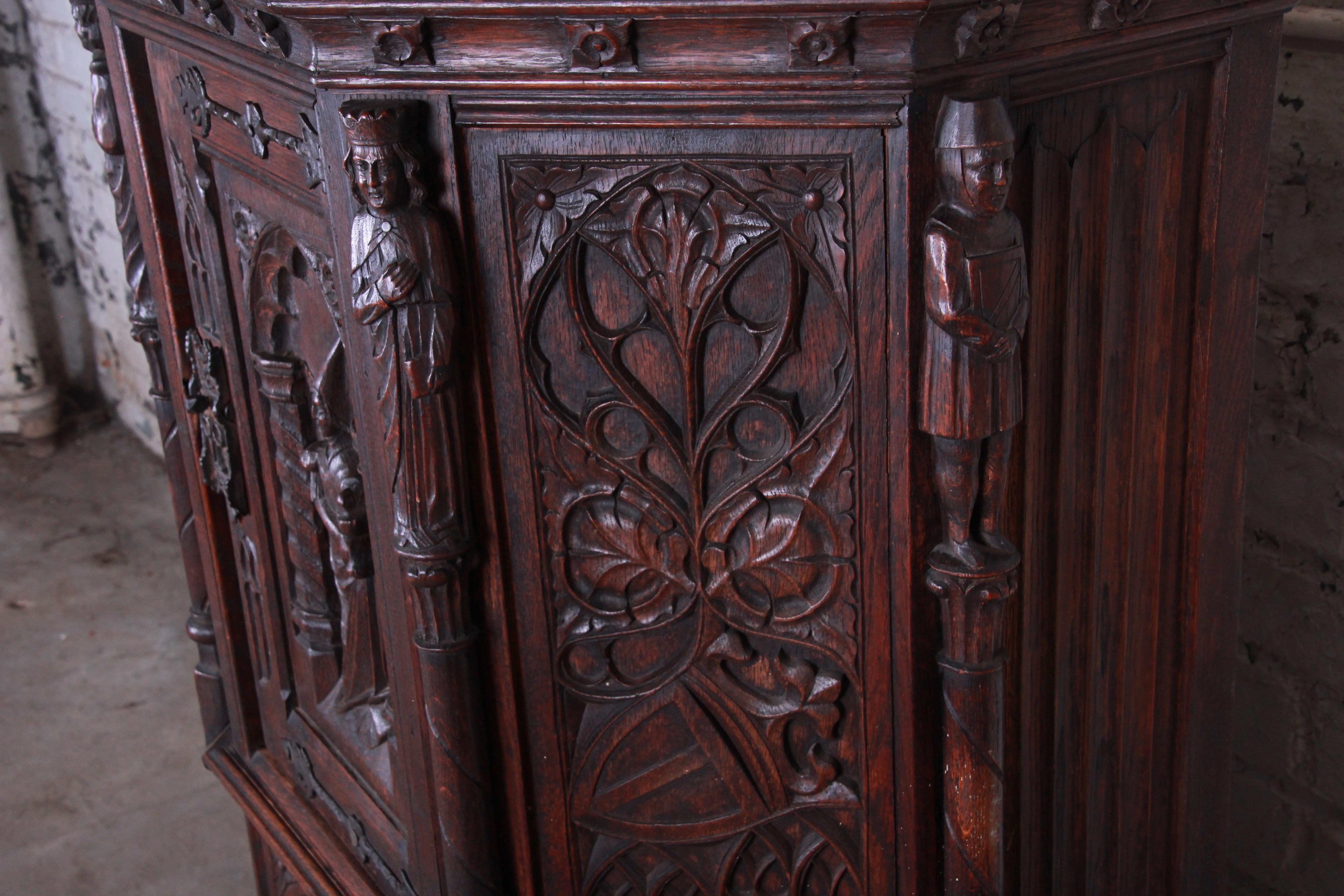 19th Century Ornate Carved Oak Belgian Gothic Bar Cabinet 3