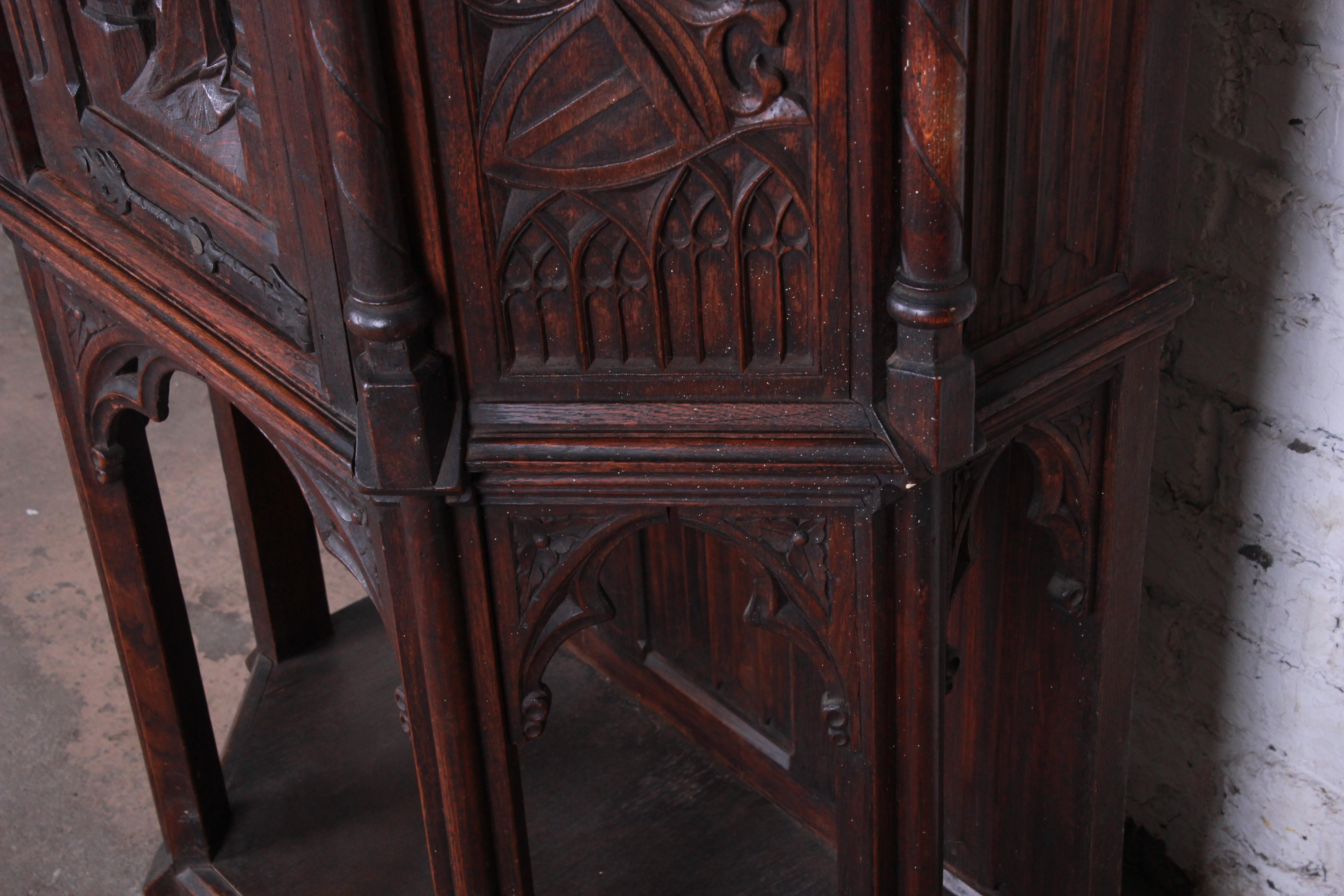 19th Century Ornate Carved Oak Belgian Gothic Bar Cabinet 4