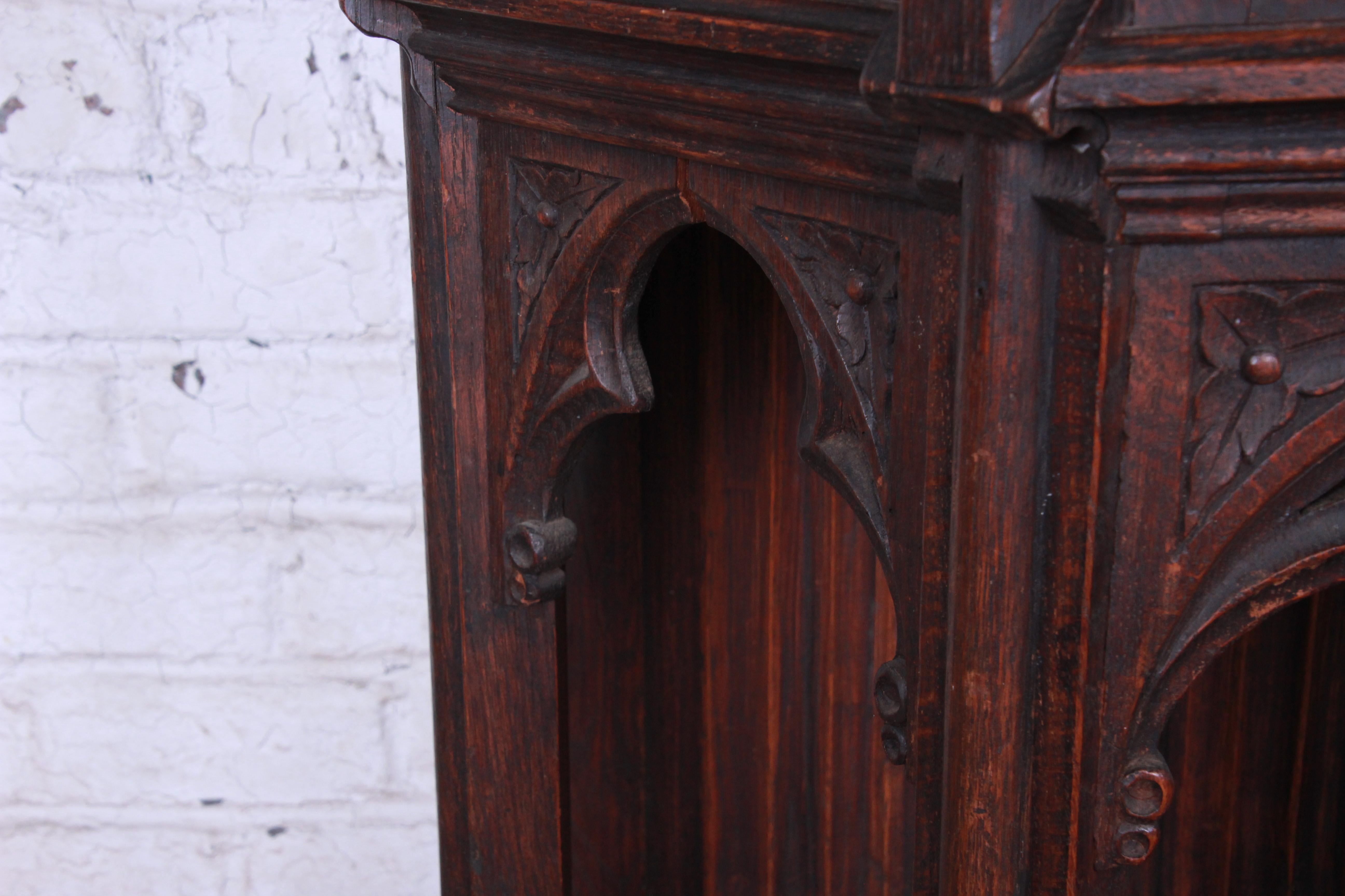 Iron 19th Century Ornate Carved Oak Belgian Gothic Bar Cabinet