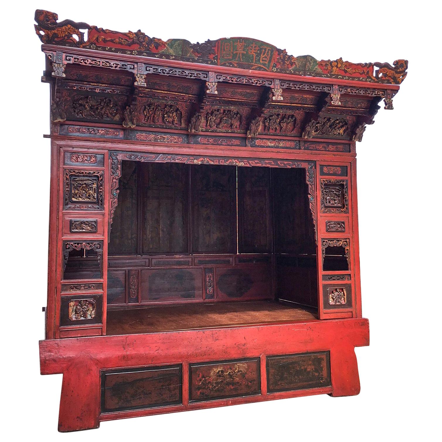 19th Century Ornate Chinese Red Lacquered Opium Canopy Bed For Sale