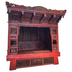 19th Century Ornate Chinese Red Lacquered Opium Canopy Bed