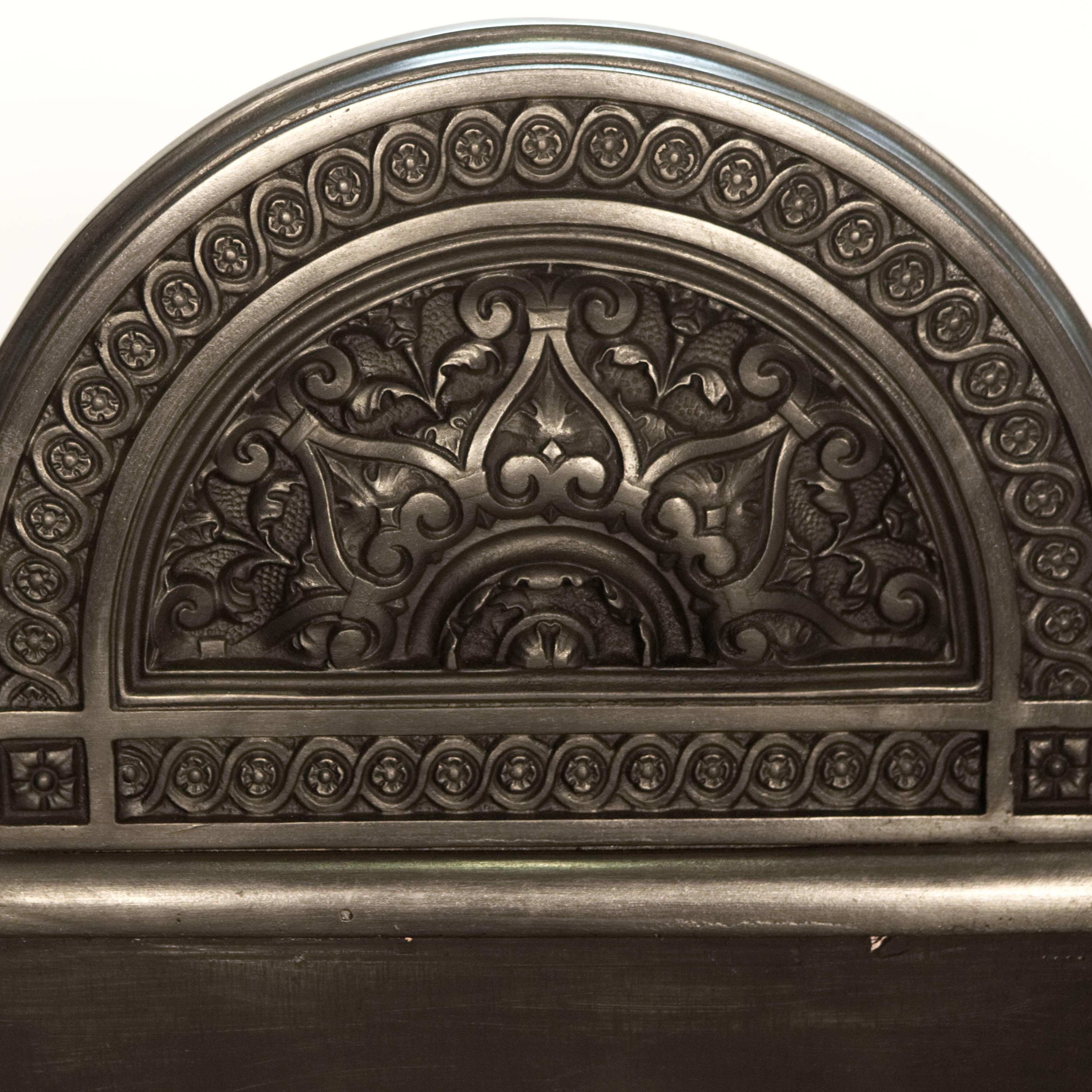 Blackened 19th Century Ornate English Gothic Revival Cast Iron Fireplace Basket Grate For Sale