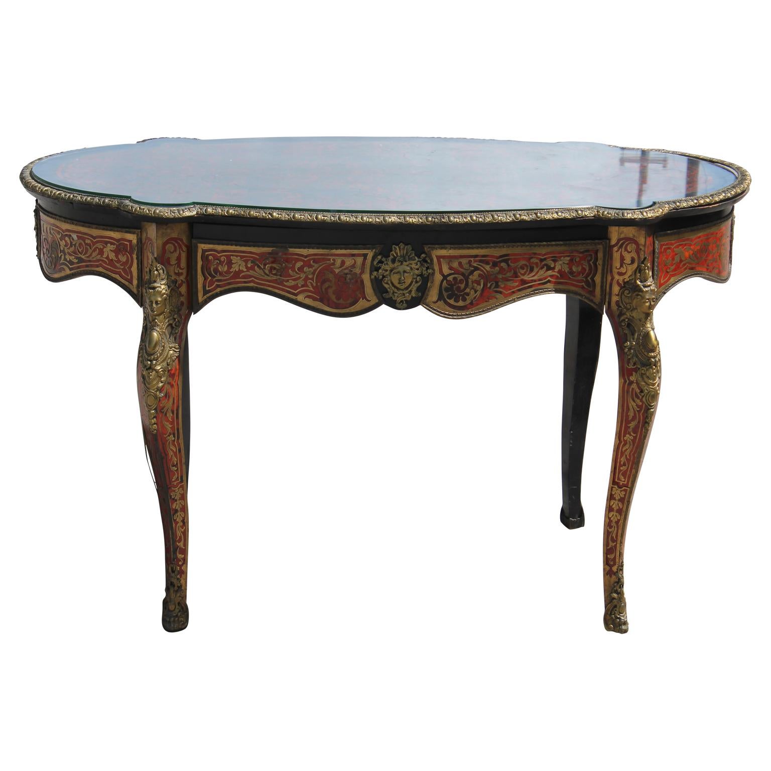 19th Century Ornate French Boulle Inlay Bureau Plat Desk with Glass Top In Good Condition In Houston, TX