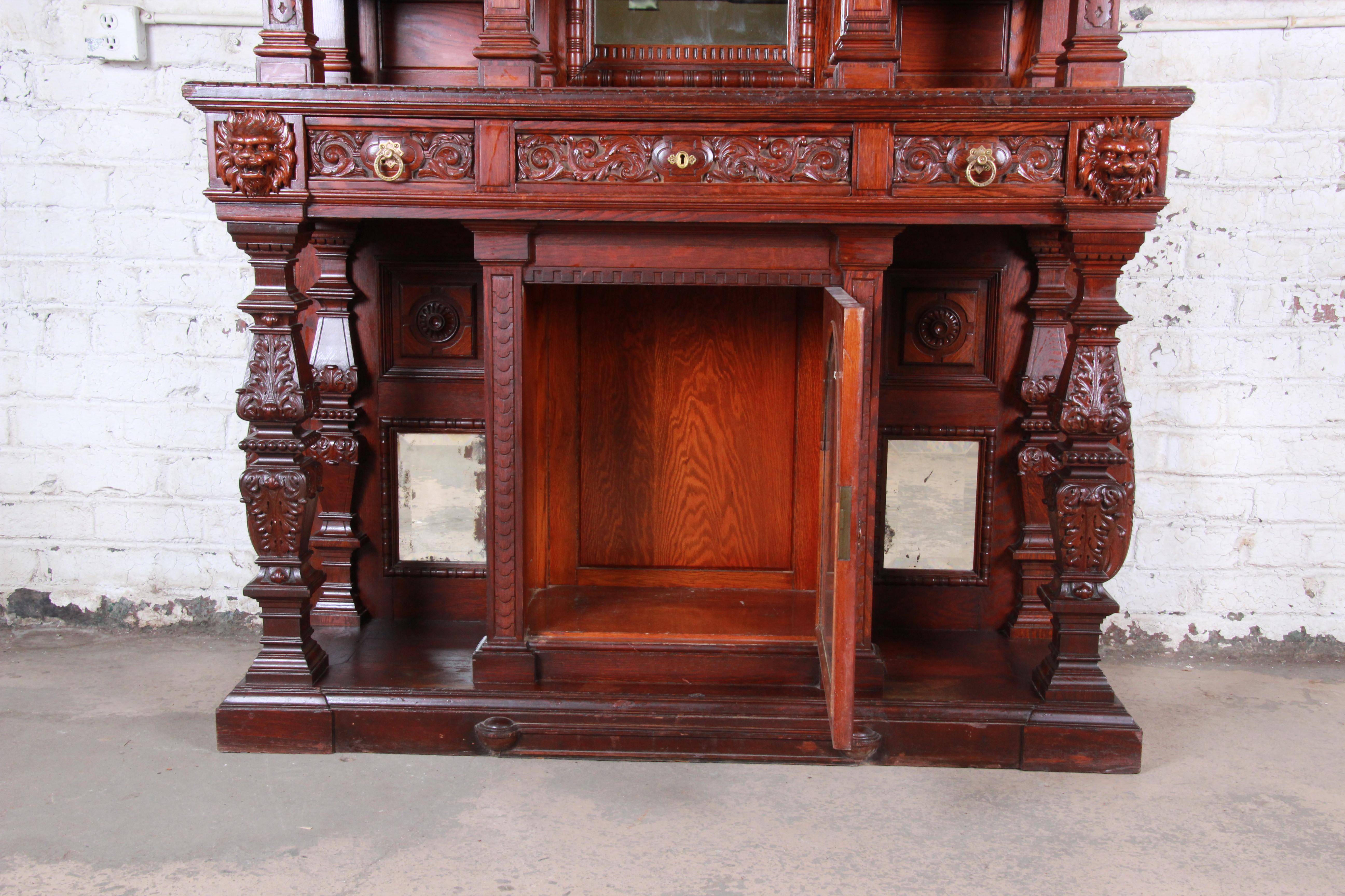 19th Century Ornate French Oak Sideboard Hutch or Bar Cabinet with Carved Faces 3