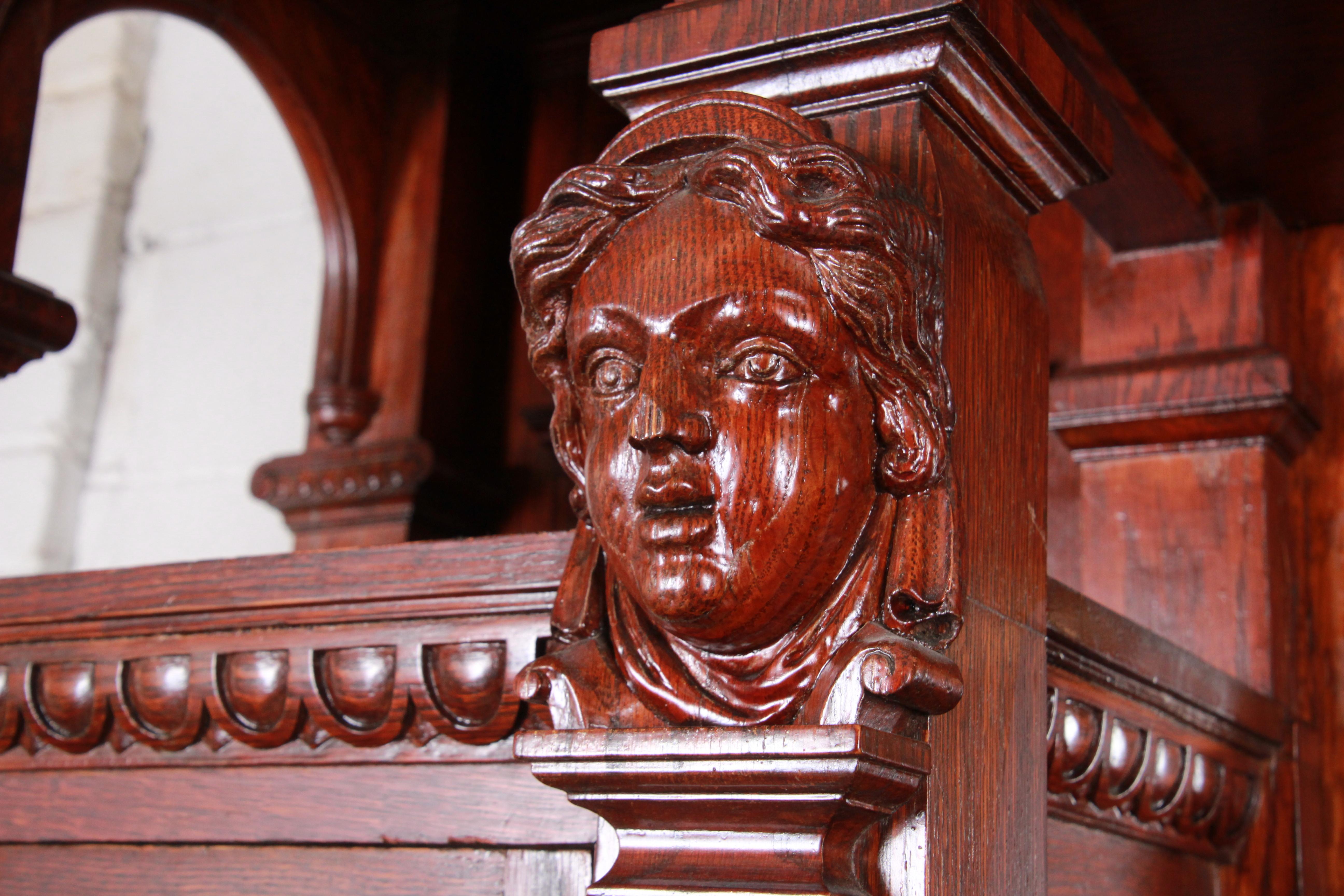 19th Century Ornate French Oak Sideboard Hutch or Bar Cabinet with Carved Faces 4