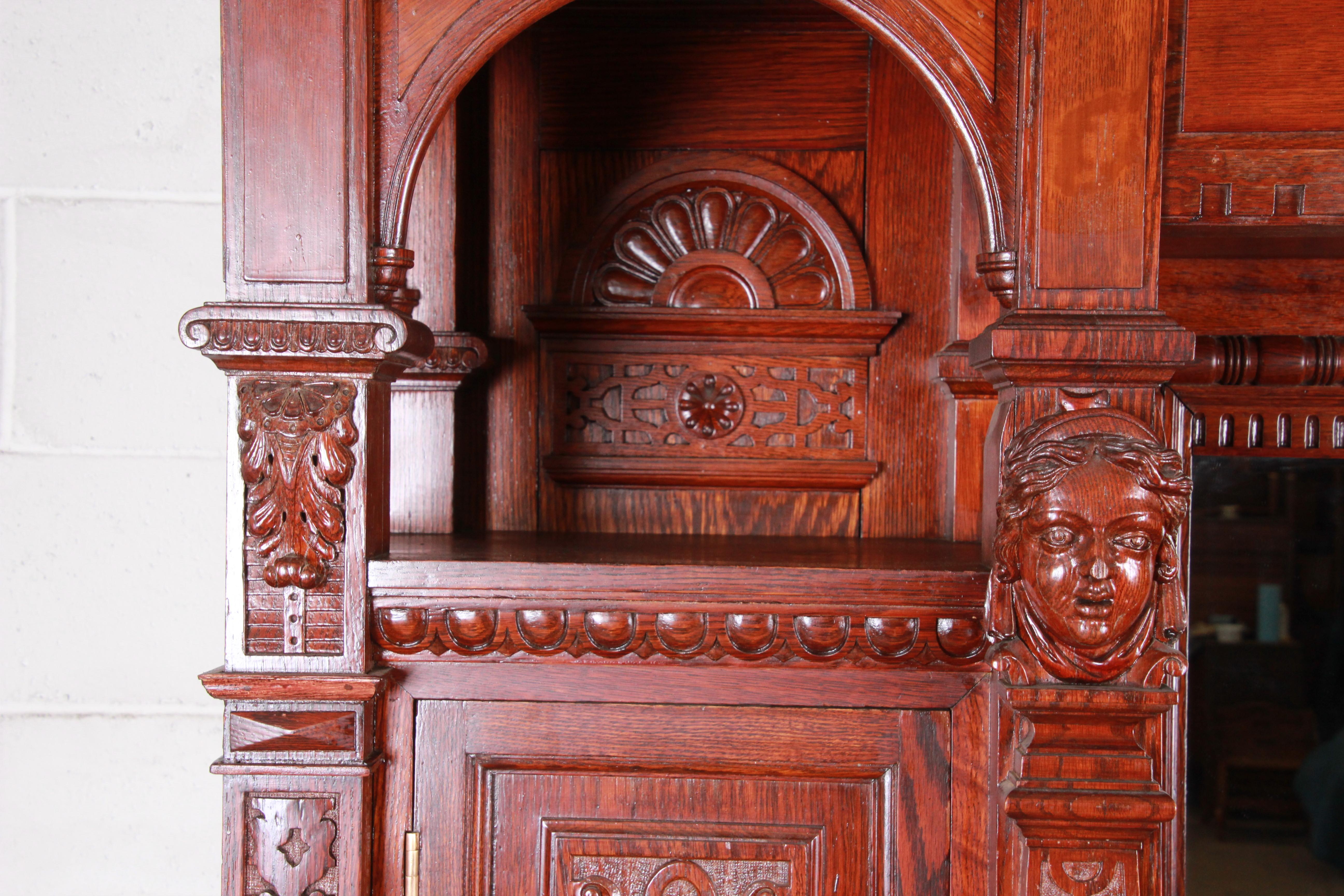 19th Century Ornate French Oak Sideboard Hutch or Bar Cabinet with Carved Faces 5