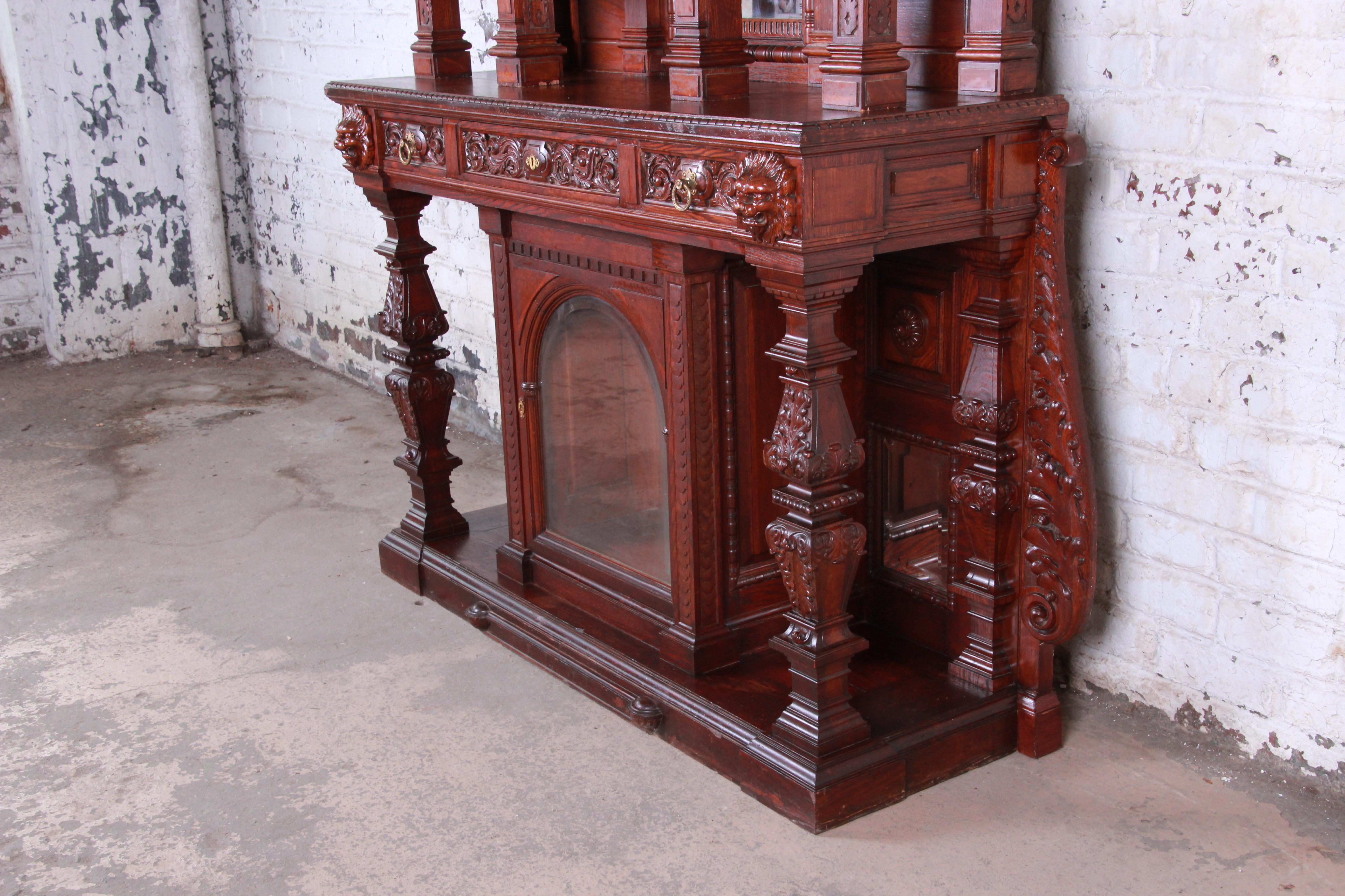19th Century Ornate French Oak Sideboard Hutch or Bar Cabinet with Carved Faces 8