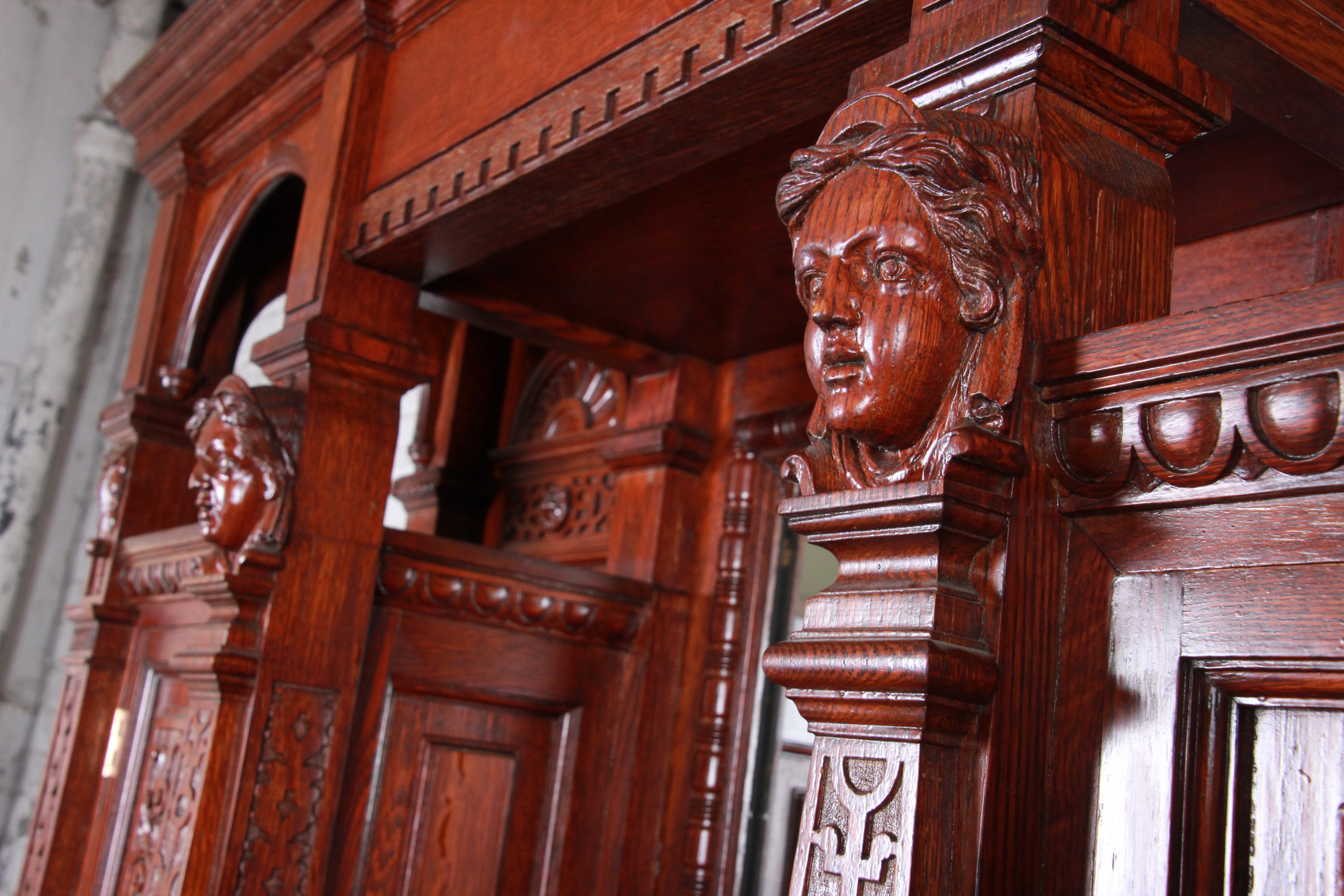 19th Century Ornate French Oak Sideboard Hutch or Bar Cabinet with Carved Faces 9