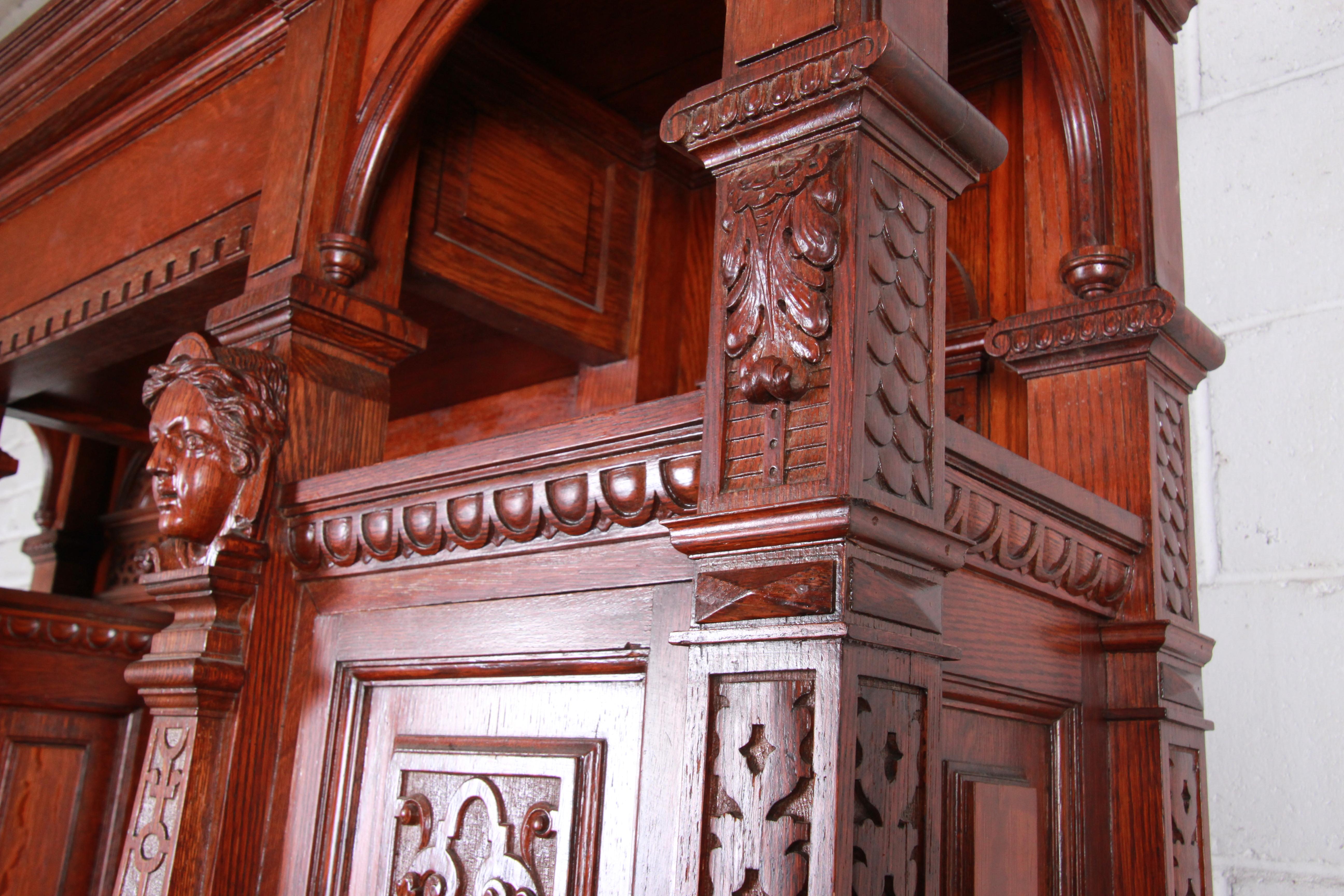 19th Century Ornate French Oak Sideboard Hutch or Bar Cabinet with Carved Faces 10