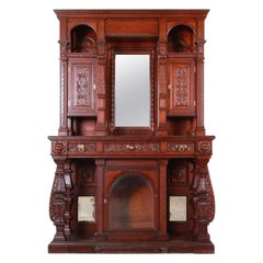 19th Century Ornate French Oak Sideboard Hutch or Bar Cabinet with Carved Faces