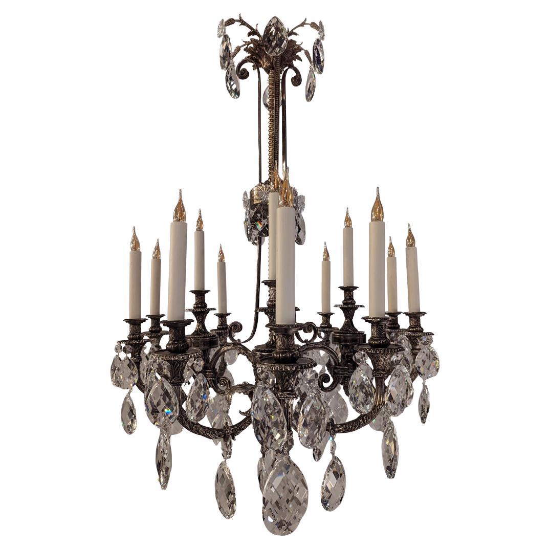 19th Century Orsay Chandelier with 12 lights in  Silver Bronze and Crystal For Sale