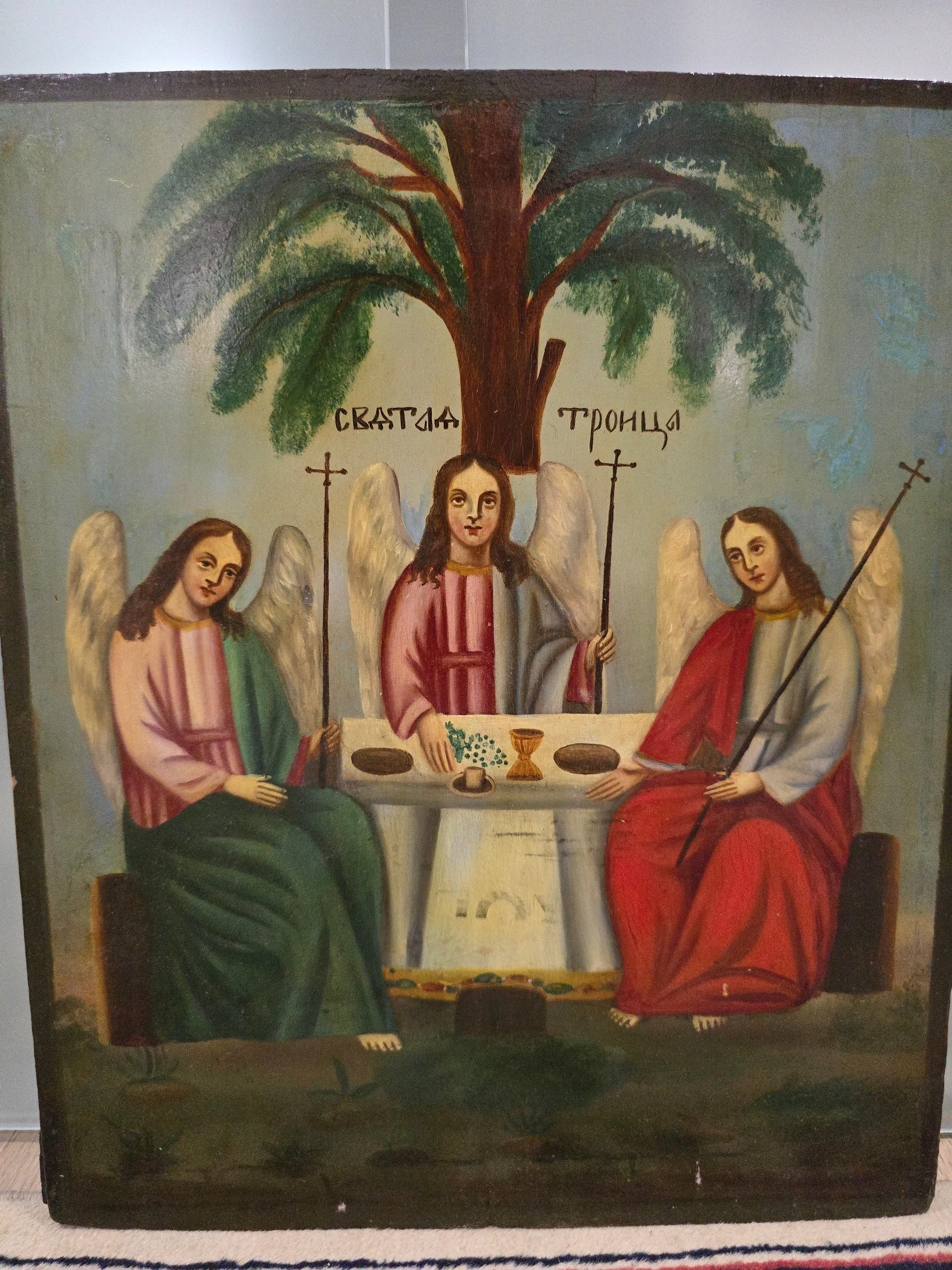 Milieu du XXe siècle Iconique orthodoxe du 19ème siècle - La trinité du vieux testament en vente