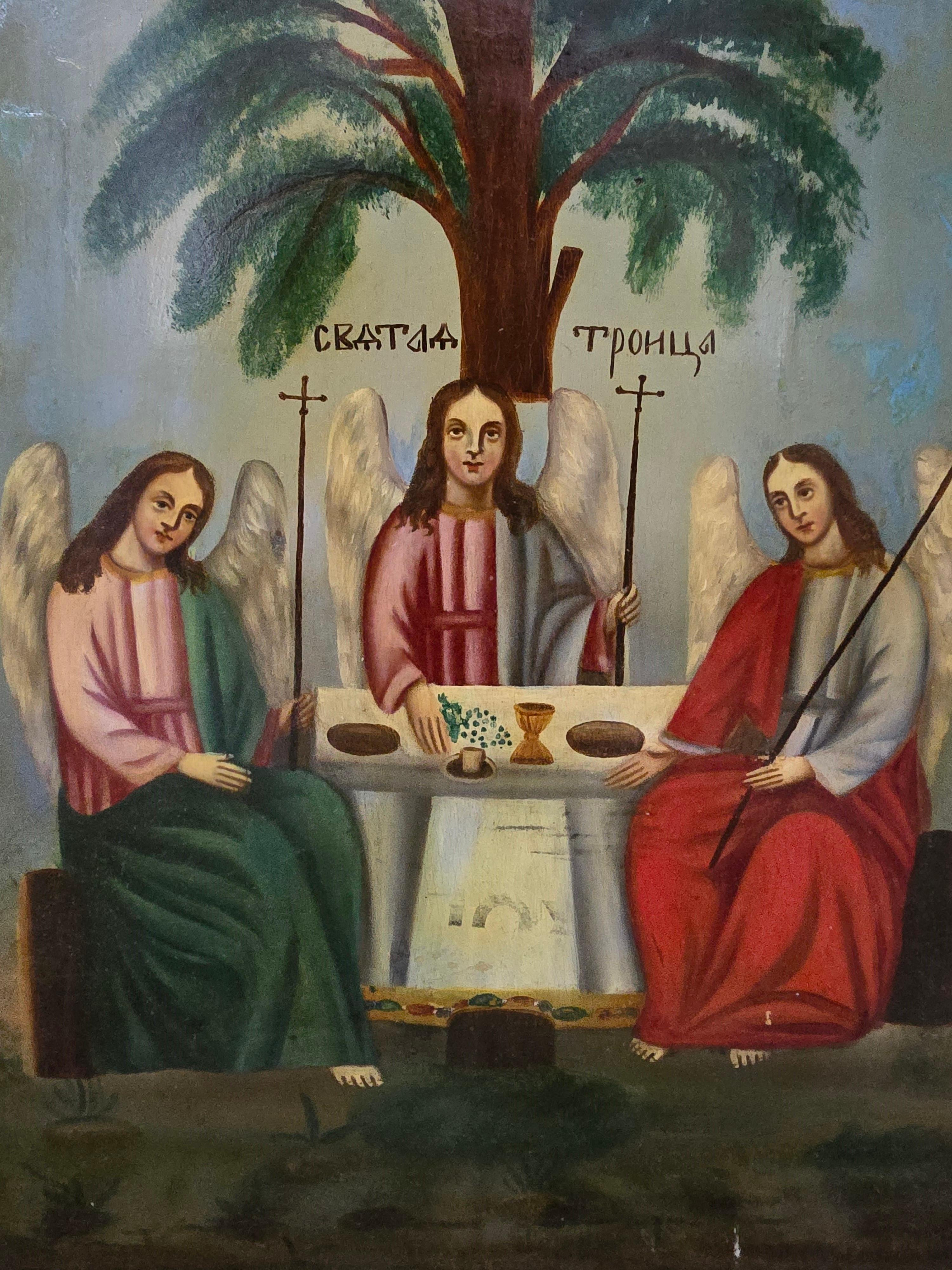 Bois Iconique orthodoxe du 19ème siècle - La trinité du vieux testament en vente
