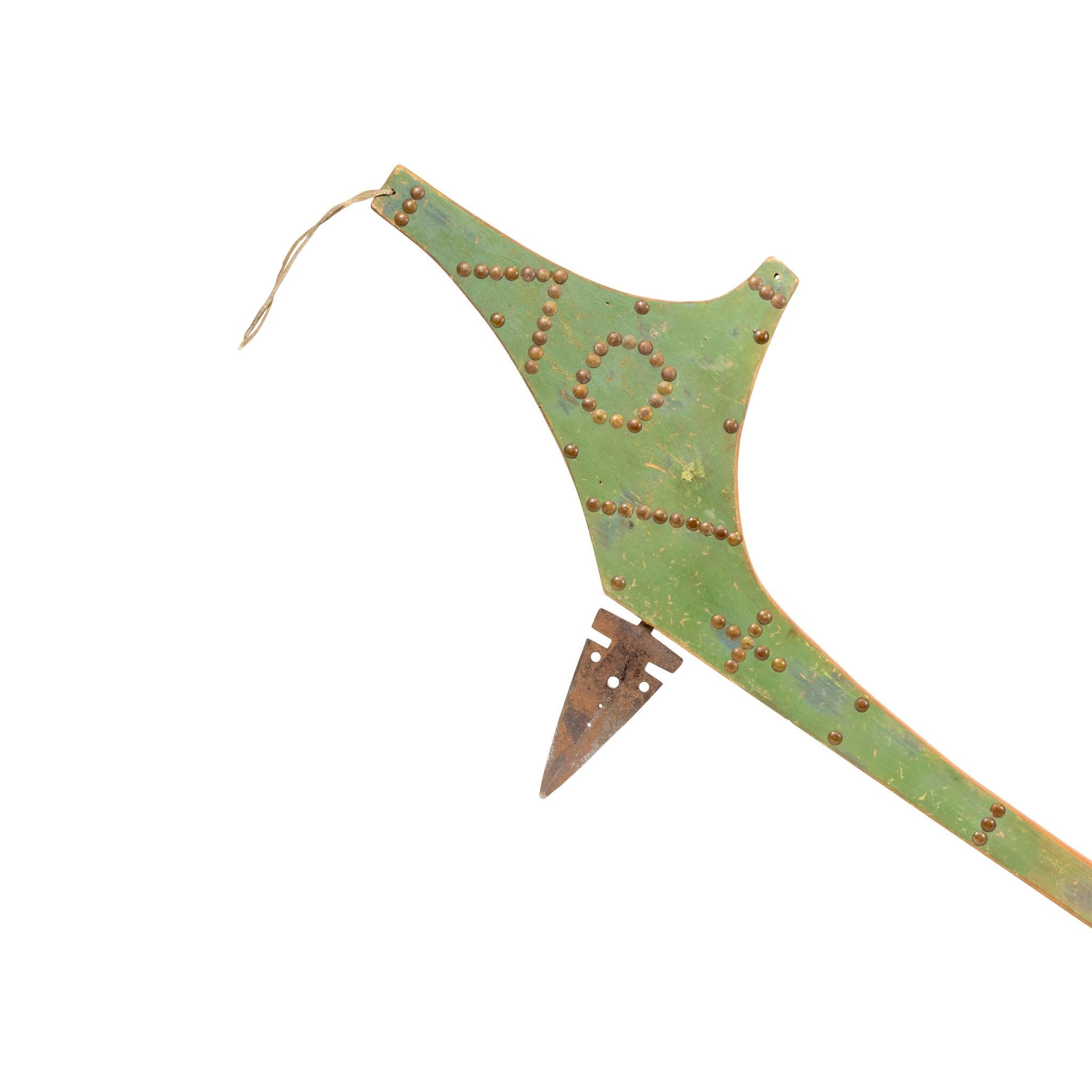 Native American Osage tacked and green ochre gun stock dance club with forged point moved over from earlier weapon. Red and green pigment paint. Collected from an Oklahoma family in 2004. An exceptional piece for any handmade indigenous weaponry