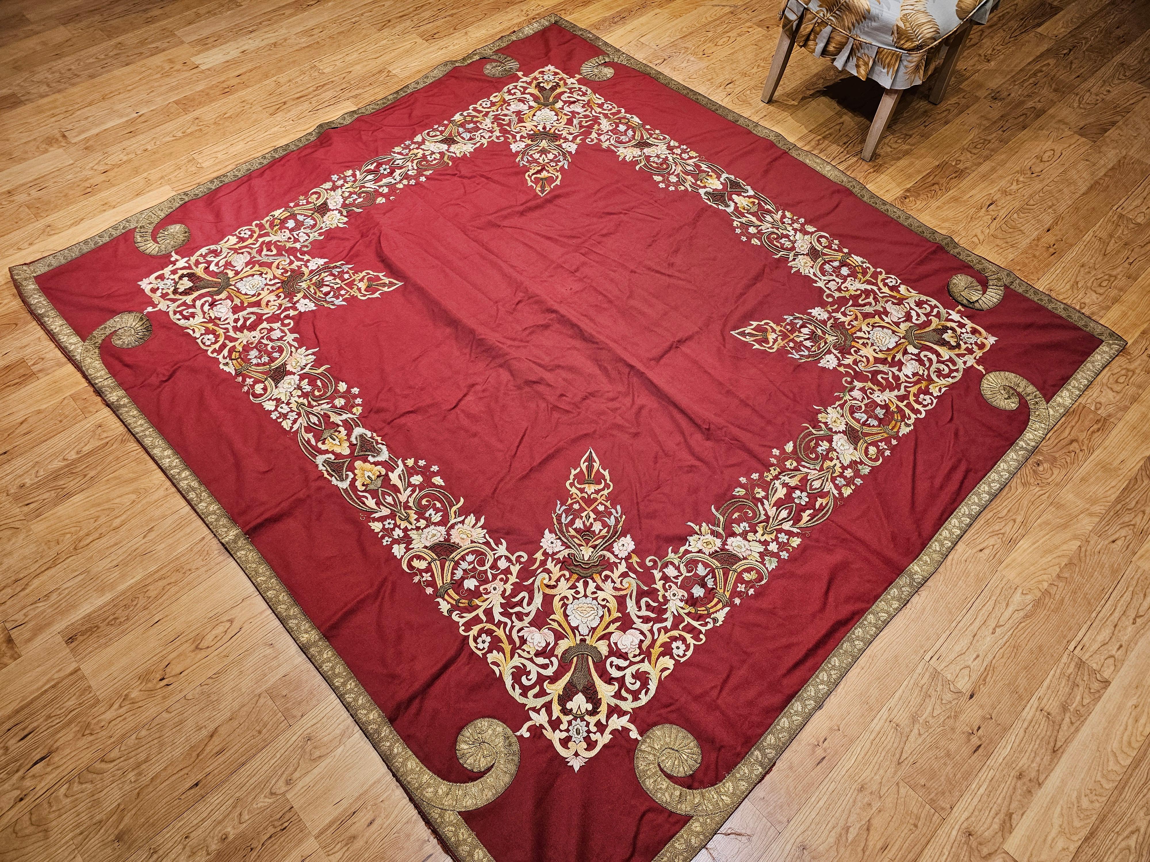19th Century Ottoman Hand Embroidered Silk and Gilt Threads Tapestry Textile For Sale 4