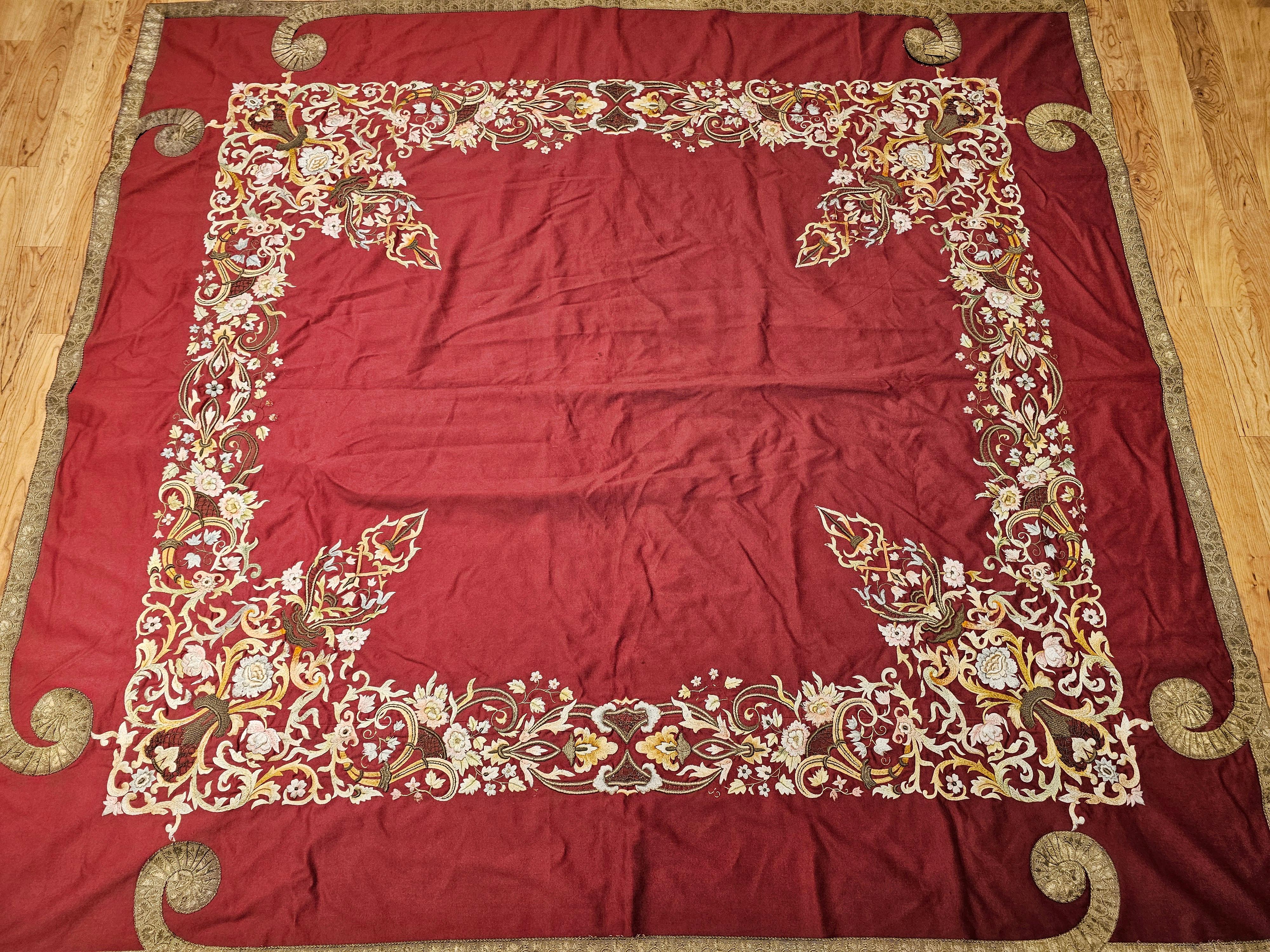 19th Century Ottoman Hand Embroidered Silk and Gilt Threads Tapestry Textile For Sale 7