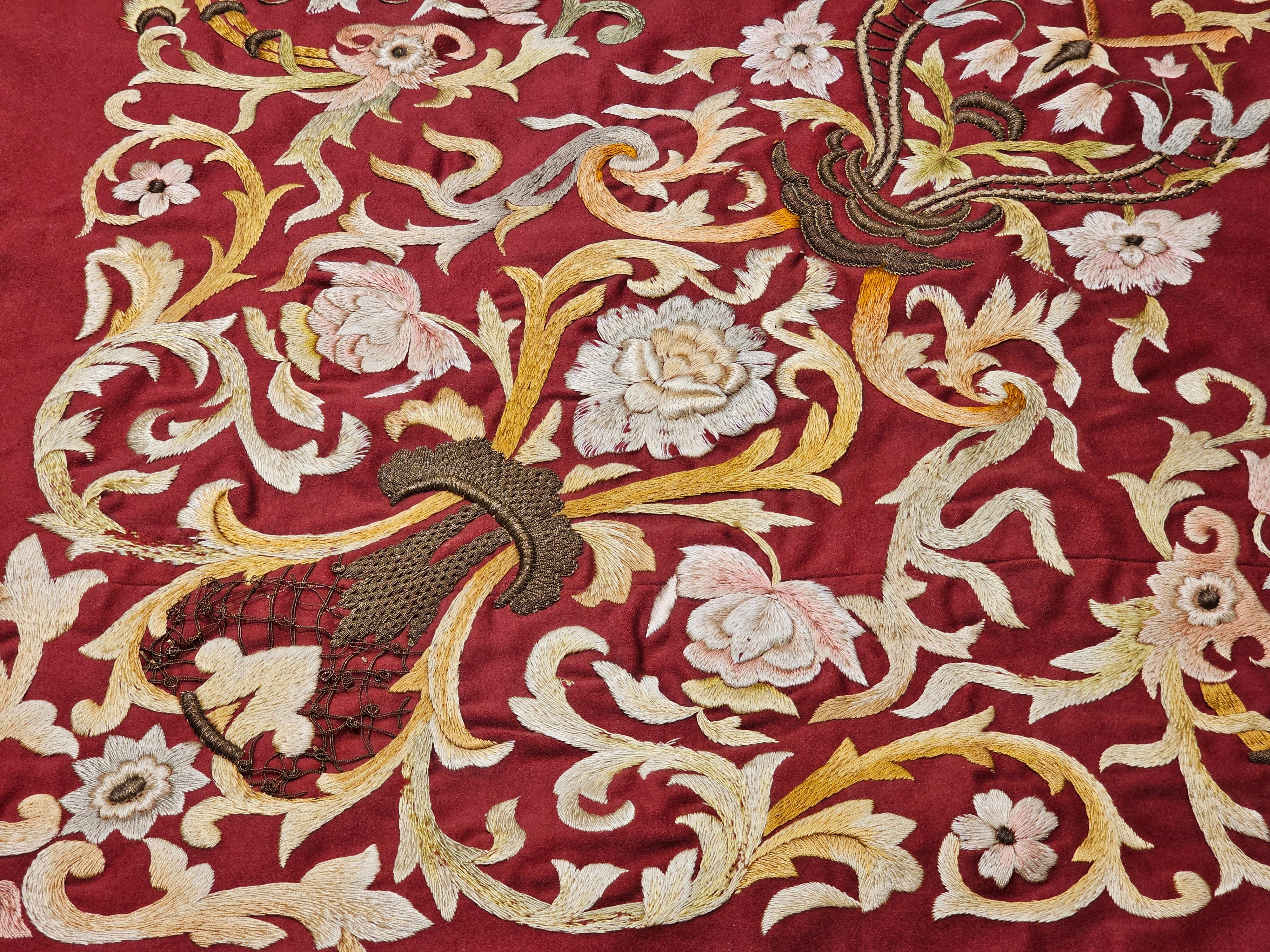 Turkish 19th Century Ottoman Hand Embroidered Silk and Gilt Threads Tapestry Textile For Sale