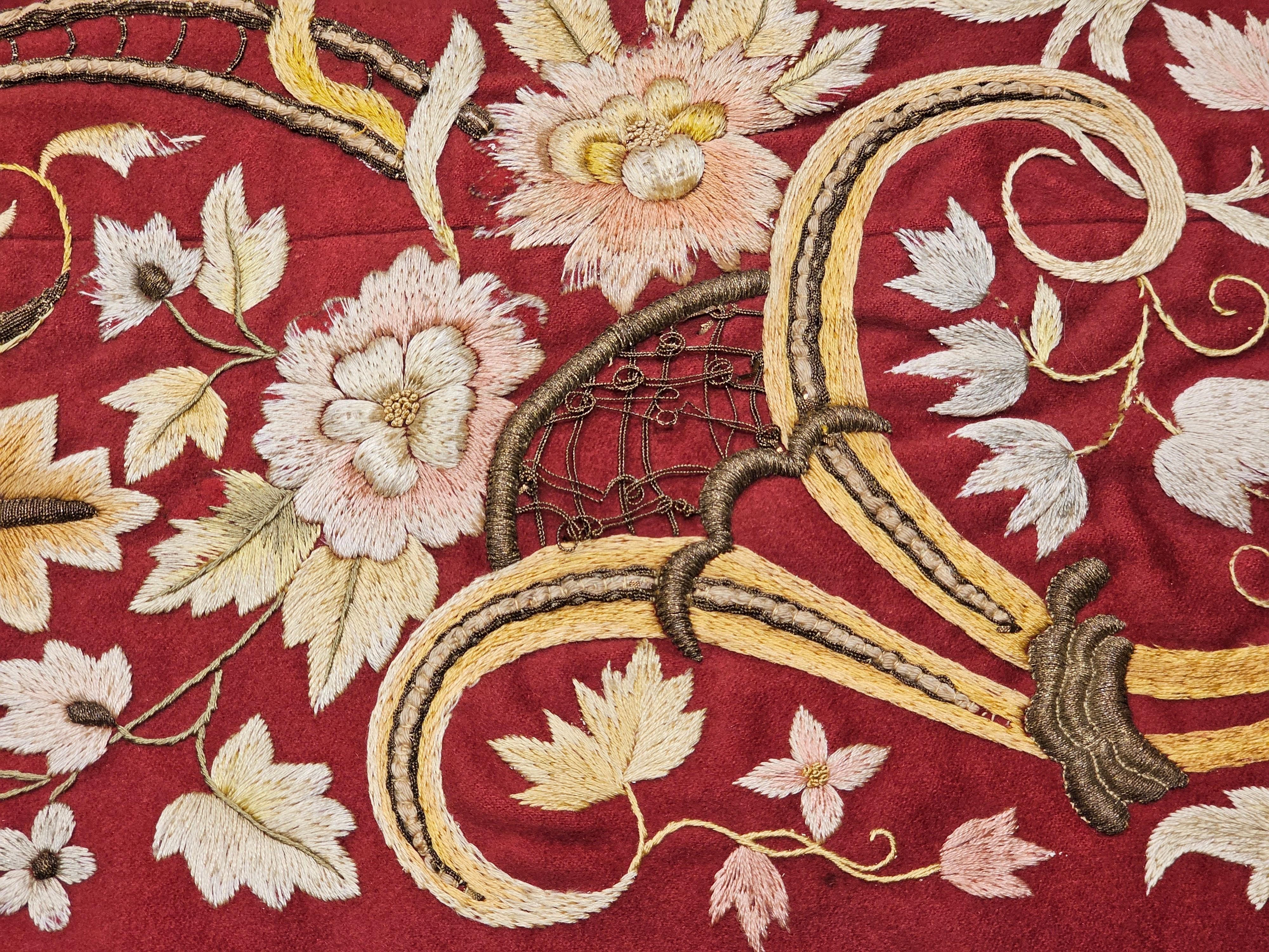 Gold 19th Century Ottoman Hand Embroidered Silk and Gilt Threads Tapestry Textile For Sale